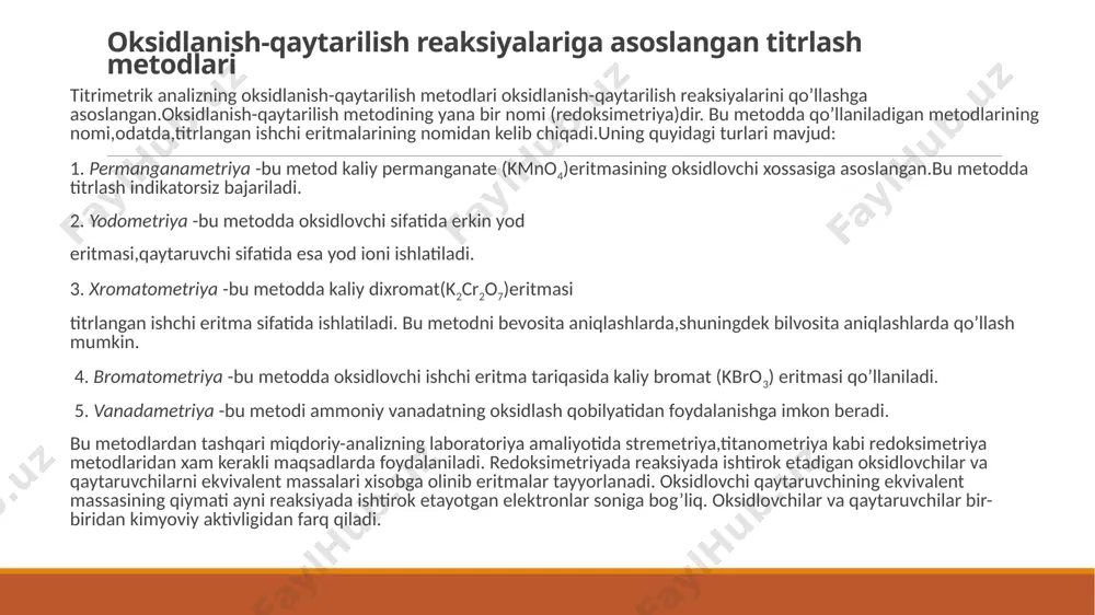 ib olinadi va unga bir necha millilitr (masalan, 5 ml) distillangan suv qo’shib, yaxshilab chayqatiladi yoki shisha tayoqcha bilan aralashtiriladi. xosil bo’lgan loyqa (suspenziya) stakandagi qaynab turgan 100 ml suvga solinadi.shundan so’ng eritma 2 minut davomida (eritma tiniq; xolga kelguncha) qaynatilib, issiqligicha filtrlanadi. filtrat titrlash vaqtida indikator sifatida ishlatiladi. kraxmal eritmasi mikroorganizmlarni oziqlantiruvchi muxit bo’lib, tez buzilib qolishini xam nazarda tutish kerak. agar kraxmal eritmasini tayyorlashda unga bir necha milligramm hgj2 qo’shilsa, ancha barqaror eritma xosil bo’ladi.indikator eritmasining to’g’ri tayyorlanganligini tekshirib ko’rish shart. buning uchun 2-3 ml kraxmal eritmasi 50 ml distillangan suvga solinadi,unga yodning 0,02 n eritmasidan bir tomchi tomizilganda zangori rang paydo bo’lishi kerak. agar bu vaqtda eritma ko’karmay,binafsha yoki qo’ng’ir tusga kirsa kraxmal eritmasi aynigan bo’ladi,bunday eritmani indikator sifatida ishlatib bo’lmaydi. yod eritmasining normalligini natriy tiosulfat bo’yicha aniqlash tozalab yuvilgan byuretkani tiosulfatning tirlangan eritmai bilan avval chayqab, so’ngra to’ldiriladi va titrlash uchun tayyorlanadi. pipetka yod eritmasi bilan …