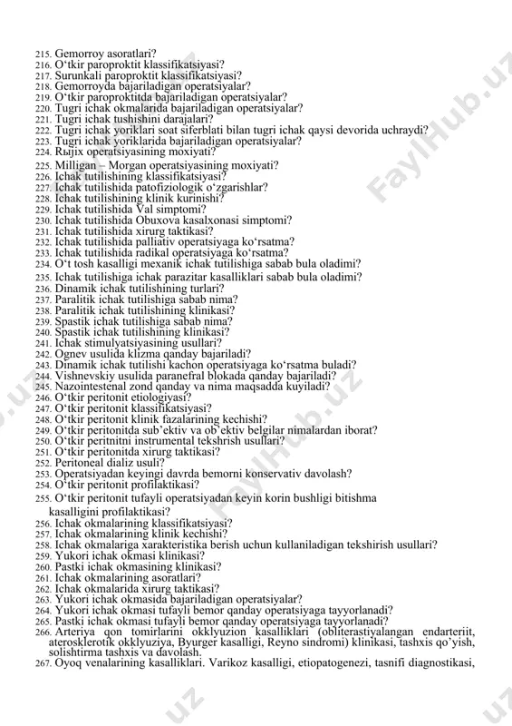 sistitda uttda kurinadigan belgilar? 150. o‘tkir xolesistitda bajariladigan operatsiya usullari? 151. o‘tkir xolesistit asoratlariga nimalar kiradi? 152. perivezikal infiltrat patomorfologiyasi? 153. perivezikal abssess patomorfologiyasi? 154. perivezikal infiltratda xirurg taktikasi? 155. perivezikal abssessda xirurg taktikasi? 156. mirizzi sindromi nima? 157. mirizzi sindromining ii tipida xirurg taktikasi? 158. mirizzi sindromini operatsiyagacha aniklash usullari? 159. pribram usulida xolesistektomiya qanday bajariladi? 160. xolesistektomiya vaqtida vaqtinchalik kon tuxtatish usuli qanday? 161. jigar anatomiyasi? 162. jigarning kon bilan ta’minlanishi? 163. jigar xirurgik kasalliklarini tekshirish usullari? 164. jigar noparazitar kistalarini linberg bo‘yicha klassifikatsiyasi? 165. jigar noparazitar kistalarini petrovskiy bo‘yicha klassifikatsiyasi? 166. jigar abssesslarini klassifikatsiyasi? 167. jigar travmasining nikolaev o.v. bo‘yicha klassifikatsiyasi? 168. jigar kistalarida xirurg taktikasi? 169. jigar kistalarining asoratlari? 170. jigar travmasida xirurg taktikasi? 171. me’da osti bezi anotomiyasi va sintopiyasi? 172. me’da osti bezini kon bilan ta’minlanishi? 173. me’da osti bezi inkretor va ekskretor funksiyalari? 174. o‘tkir pankreatit etiologiyasi? 175. o‘tkir pankreatit patogenezi? 176. o‘tkir …