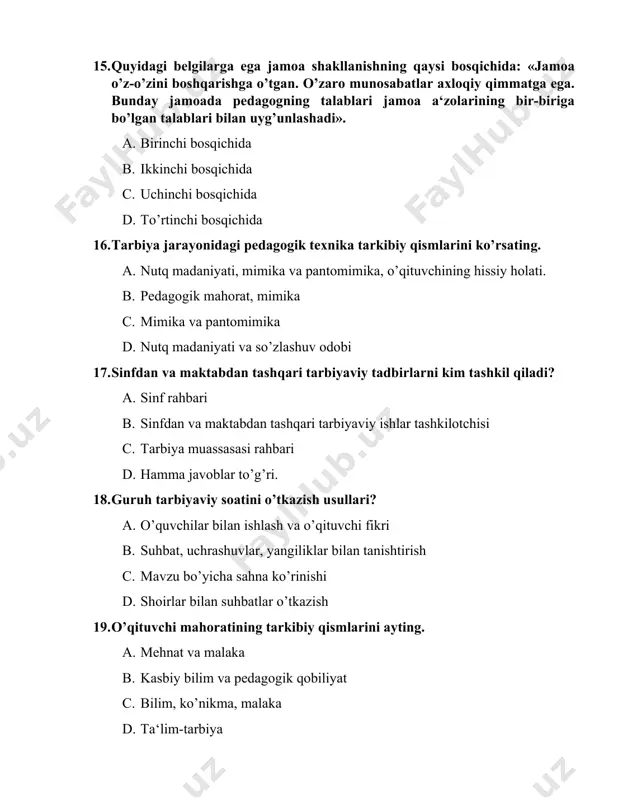 qarashlar majmuidir d. ta’lim - bu o`qitishdir 25. o`qituvchining kasbiy sifatlari to`g`ri ko`rsatilgan qatorni aniqlang a. vatanparvarlik, izntizomlilik, yaxshilik qilish, bolalarni sevish, ijodkorlik, kuzatuvchanlik b. nutq qobiliyati, diqqatni taqsimlay olish, obro` orttira olish, kelajakni ko`ra olish qobiliyati, kuzatuvchanlik, mas’uliyatlilik c. ijodkorlik, qat’iyatlilik, tashkilotchilik, bilimdonlilik, izlanuvchanlik, tashabbuskorlik, talabchanlik d. b va s javob to`g`ri 26. bola shaxsi shakllanishida irsiy jihatidan o’tadigan belgi va xususiyatlarni ko’rsating. a. xarakter, qiziqish, qobiliyat b. ota- ona tashqi ko’rinishiga hos bo’lgan xususiyatlar c. ovozi, tana va sochi, qoshi, ko’zining rangi, fe’l – atvori d. ota – ona va yaqin qarindoshlardan o’tadigan tashqi ko’rinishi, qobiliyati, fe’l- atvori. 27. muvaffaqiyat nima? a. baxt b. g’alabaga intilish c. to’xtab qolmaslik d. doimiy harakat va tushkunlikka tushmaslik a. konsepsiya oldiga qo‘yilgan vazifalar: b. maʼnaviy- axloqiy tarbiyani baholashning ilmiy asoslangan indikatorlarini ishlab chiqish;tarbiyaning homiladorlik davridan boshlanadigan, tadrijiylik va uzluksizlik tamoyillariga asoslangan metodikasini ishlab chiqish va hayotga tatbiq etish; c. uzluksiz tarbiya …