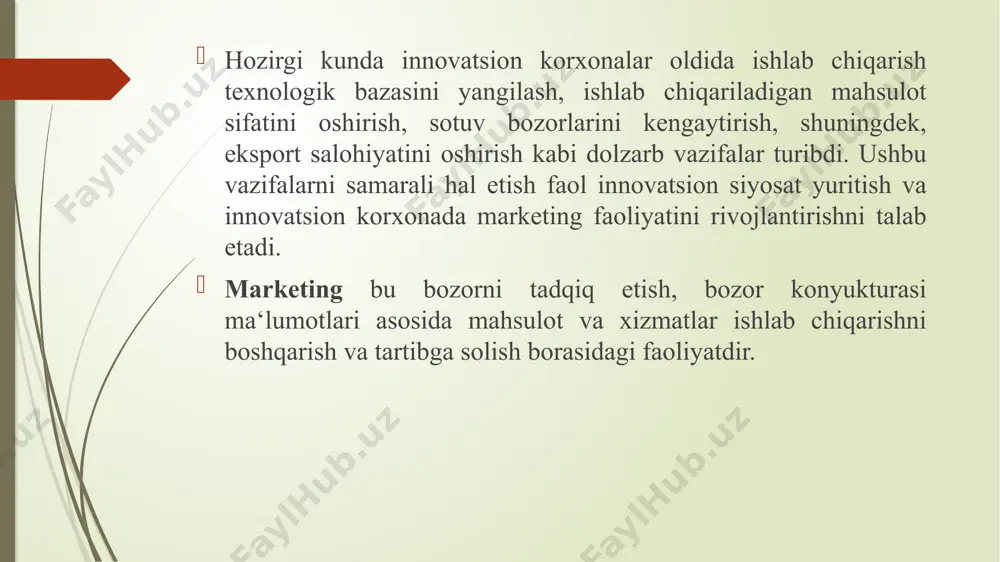 ri bo’ladilar. 12.2. iqtisodiyotni modernizatsiyalash sharoitida tovar siyosati strategik innovatsion marketing. strategik marketing tadqiqotlarini asosiga bozor holatini keyinchalirk bozor segmentlarini ishlab chiqish, talabni tashkil qilish va shakllantirish, xaridoni modellashtirish bilan tahlil qilish qo’yiladi. tadbirkorlik firmasi boshidan bozorni egallash, segmentlashtirishni kengaytirish va chuqurlashtirish, o’zining iste’molchilarni yaratishga qaratilishi kerak. bozorlar va tashqi muhit omillarini tahlil qilishdan tashqari zamonaviy marketing nafaqat bugungi kunning iste’molchilarini o’rganadi, balki kelajakda ehtimol bo’lganlarini ham shakllantiradi. strategik marketing korxonaning marketing va sotsiologiya xizmatlari xodimlarining iste’molchilarning yaqindan aloqasiga kritilgan (anketalar to’ldiri, telefon bo’yicha so’rov, tanlov va h.k.). ko’pgina kichik va o’rta firmalar o’zlarining marketing xizmatlariga ega bo’lishga imkoniyatlari yo’qligi sababli mutaxassislar maslahatlari, ko’rgazmalariga borish, kataloglarni o’rganish, xaridorlar bilan bevosita aloqani kengroq qo’llashlari kerak. ishlab chiqaruvchi va xaridor o’rtasidagi doimiy teskari aloqaga asoslangan marketingning majmuaviy turi («marketing mira») xatarni pasaytirishning eng muvaffaqiyatli yo’li bo’lishi mumkin. tadbirkor xaridorlarni uning muhiti, xulqi, istaklari, anglab yetolmagan butun turli tumanligiga ko’rinishi kerak. nafaqat mahsulotning …