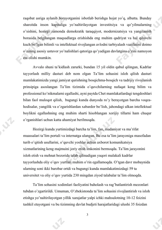 masofadan turib o’qitish usullarini, o’quvchi yoshlar uchun axborot komunikatsiya xizmatlarining keng majmuini joriy etish imkonini bermoqda. ta’lim jarayonini isloh etish va mehnat bozorida talab qilinadigan yuqori malakali kadrlar tayyorlashda oliy o’quv yurtlari muhim o’rin egallamoqda. o’tgan davr mobaynida ularning soni ikki barobar ortdi va bugungi kunda mamlakatimizdagi 59 ta universitet va oliy o’quv yurtida 230 mingdan ziyod talabalar ta’lim olmoqda. ta’lim sohasini xodimlari faoliyatini baholash va rag’batlantirish mezonlari tubdan o’zgartirildi. umuman, o’zbekistonda ta’lim sohasini rivojlantirish va isloh etishga yo’naltirilayotgan yillik xarajatlar yalpi ichki mahsulotning 10-12 foizini tashkil etayotgani va bu tizimning davlat budjeti harajatlaridagi ulushi 35 foizdan ortiqni tashkil etishi o’z-o’zidan mazkur sohaga qaratilayotgan ulkan e’tiborning yaqqol tasdig’i hisoblanadi. o’zbekistonda qabul qilingan ta’lim sohasini isloh etish va malakali kadrlar tayyorlash dasturini amalga oshirish bo’yicha o’tgan davrda bajarilgan ishlarni bugun qandaydir o’lchov va raqamlar bilan baholash juda qiyin.shu bilan birga, bu haqda so’z yuritar ekanmiz, yana bir jihatni nazarda tutishimiz lozim. …