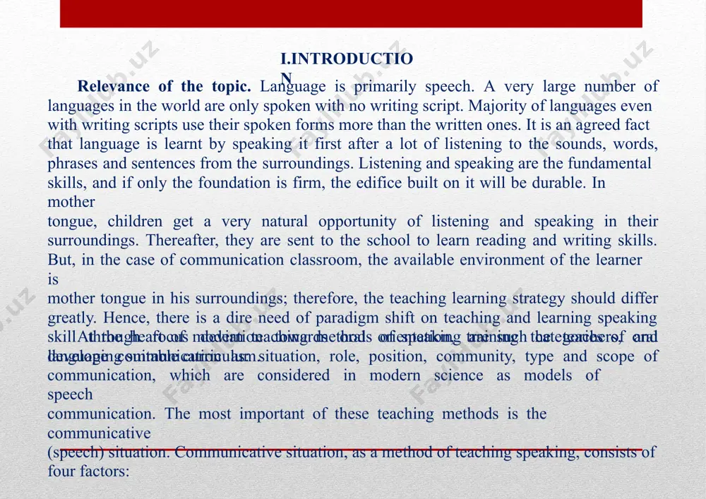 vidual, group and public, which determine the specifics of the methodology of teaching speaking. in the individual communication involving two people. it is characterized by immediacy and confidential. here, communication partners areequal in their share of participation in the general speech «product». each of them can support the proposed topic or replace it with another one. if any of the partners of individual communication terminates the conversation, the communicative act ends.in case of group communication, several people participate in a single communication act (a conversation in the company of friends, a training session, a meeting). communicative position of a member of a group of group communication significantly differs from the individual. he can, for example, «participate» in a lengthy conversation or meeting without uttering a word. in such a communication, inserting a word, and even more so with its utterance, to interest listeners is sometimes difficult and requires additional qualities …