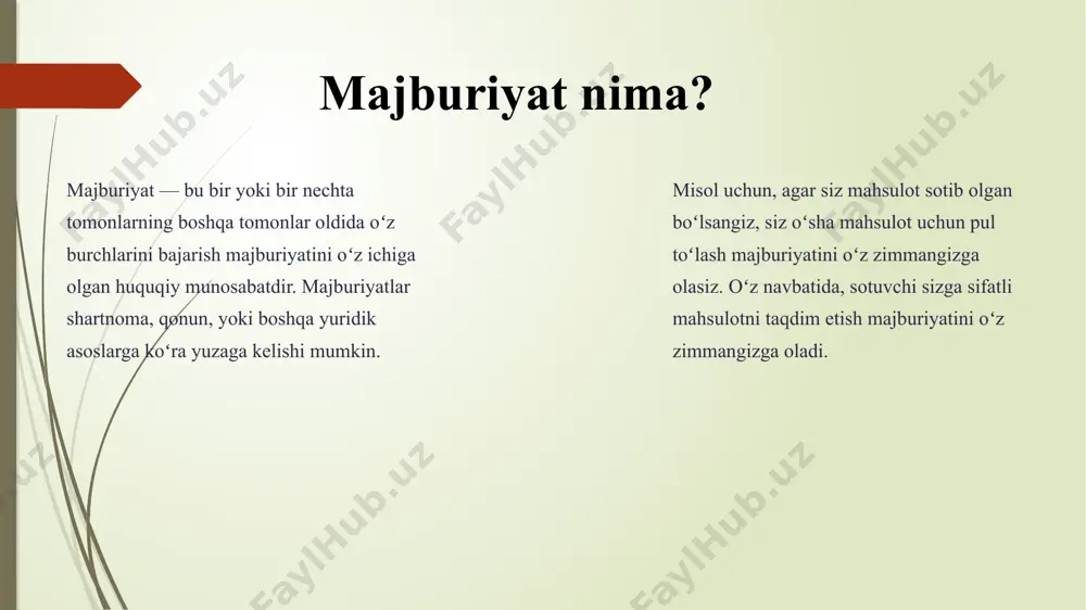 oʻzaro rozilik bilan shartnoma shartlarini oʻzgartirish yoki bekor qilishga kelishib olishlari mumkin. majburiyatlarni bekor qilishning huquqiy oqibatlari majburiyatlarning bekor boʻlishi, tomonlarning huquq va majburiyatlariga taʼsir qiladi. bekor qilingan majburiyatlar bajarilmasligi kerak va tomonlar ularni bajarish uchun javobgarlikni oʻz zimmalaridan olishlari mumkin. baʼzi hollarda, bekor qilingan majburiyatlar oʻrniga boshqa majburiyatlar paydo boʻlishi mumkin. masalan, shartnoma buzilishi holatida, zararni qoplash majburiyati paydo boʻlishi mumkin. majburiyatlarning bekor boʻlishi: misollar shartnomaning bir tomoni oʻz majburiyatlarini bajarishga qodir boʻlmagan holatda, ikkinchi tomon oʻz majburiyatlarini bajarishdan ozod boʻlishi mumkin. tabiiy ofat tufayli bino buzilgan boʻlsa, ijarachining ijarani toʻlash majburiyati bekor boʻlishi mumkin. tomonlar oʻzaro rozilik bilan shartnomada kelishilgan majburiyatlarni bekor qilishga kelishib olishlari mumkin. majburiyatlarni bekor qilishni isbotlash 1 majburiyatlarning bekor boʻlishiga oid daʼvo qoʻyish uchun, daʼvogar daʼvosi asosini isbotlashi kerak. 2 buning uchun u shartnomaning buzilishini, kuch majburiyatini yoki tomonlarning oʻzaro roziligini isbotlovchi dalillarni taqdim etishi kerak. 3 sudya taqdim etilgan dalillarni koʻrib chiqib, majburiyatlarni …