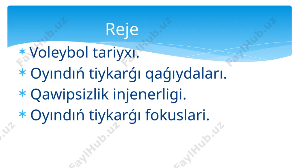 a tusiń. oyınnıń tiykarǵı fokuslari voleybolda oyınnıń bes tiykarǵı texnikası ámeldegi: xizmet kórsetiw, qabıllaw, uzatıw, hújim qılıw hám blokirovka qılıw. bul elementlerdiń barlıǵı oyınshınıń hár qıylı pozitsiyalari hám háreketleri menen birlestirilgen. pozitsiya voleybolchi ushın qolay baslanǵısh pozitsiya bolıp tabıladı: ayaqları azmaz egilgan, denediń salmaǵı eki ayaqqa teń bólistirilgen, gewde aldınǵa egilgan. oyınnıń tiykarǵı fokuslari juwırıwǵa salıstırǵanda úlken háreketler ushın, sekrew bolsa hújim zarbalari hám blokirovkalarni orınlawda qollanıladı. hár bir sabaqta isinishda háreketti kirgiziw kerek. ol hár qıylı baslanǵısh pozitsiyalardan (otırıw, jatıw, keyin basıp aldınǵa hám taǵı basqa ) juwırıwı múmkin; " jılan" juwırıw, moki juwırıw, oyın texnikasın eliklew etken halda qaptal qádem háreketleri. oyınnıń tiykarǵı fokuslari joqarıdan toptı eki qol menen uzatıw tiykarǵı texnika esaplanadı. oyınshı topǵa tuwrı jaqınlasıp, baslanǵısh pozitsiyasini tańlawı kerek. texnika : ayaqlar dizede egilgan, bir ayog'i aldında. torso vertikal, qol aldınǵa hám joqarıǵa shozılǵan hám tirseklerde egilgan, qol júz dárejesinde. qol " shelek" payda etedi, barmaqlar …
