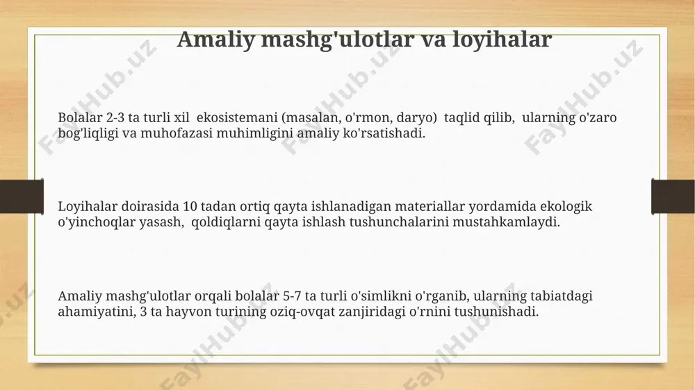 kasb etadi va tabiiy resurslarni asrashga oid 10 ta asosiy qoidani o'zlashtirishini ta'minlaydi. e'tiboringiz uchun rahmat @taqdimot_robot image3.png image4.png