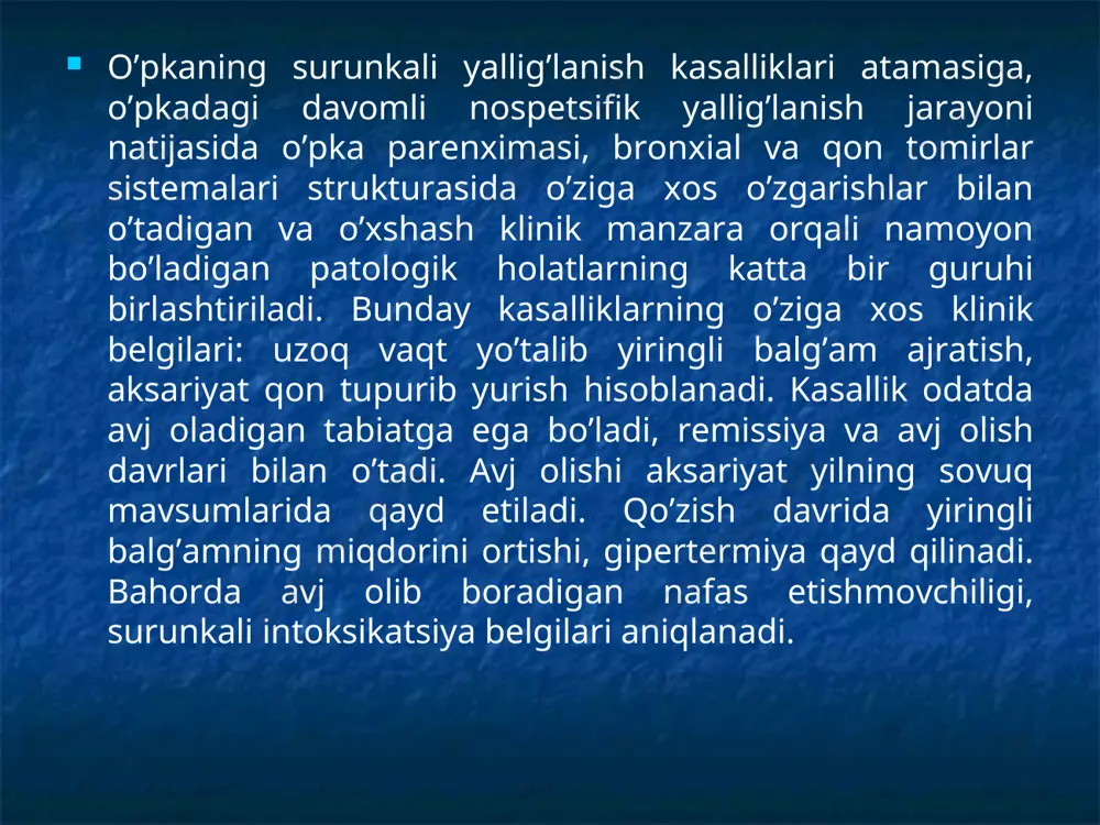 aniqlangan nafas etishmovchiligi, qo’shilib kelgan og’ir patologiya borligi, keksa yoshdaligi, jarrohlik amaliyoti o’tkazishga monelik qiladigan hol hisoblanadi. nafas etishmovchiligi belgilari unchalik ifodalanmaganda, qo’shilib kelgan yashirin patologiyada jarrohlik amaliyoti o’tkazish masalasi individual hal qilinadi. o'pka surunkali abstsessi - bu o'pkada 2 oydan ko'p vaqt saqlanib turgan nospetsifik chegaralangan yiringli-yallig'lish jarayoni surunkali abstsesslar paydo bo’lishiga o’pkasida o’tkir yiringli jarayonlari bo’lgan bemorlarni kasalxonaga kech yotqizish, muolaja jarayonining etarli bo’lmagani, uni statsionardan klinik jihatdan to’liq tuzalmasdan va rentgenologik tekshiruvsiz chiqarish sabab bo’ladi yiringli balg’am ajraladigan yo’tal, gipertermiya, o’rtacha ifodalangan intoksikatsiya simptomlari shular jumlasiga kiradi. rentgenologik tekshiruvda ichki konturi aniq, nozikroq yallig’li gardishli va odatda ozroq suyuqlik sathi bo’lgan yumaloq bo’shliq ko’rinadi. bronxografiyada bir yoki bir necha bronxlar bilan o’zaro bog’liq bo’lgan yumaloq bo’shliq aniqlanadi. bronxoskopiyada yiringli chegaralangan endobronxit aniqlanadi. o'pka abstsessi o'pka abstsessi bronxografiyasi surunkali abstsessda bronxoskopik tekshiruv surunkali abstsesslarni davolash xirurgik upkani qisman atipik rezektsiyasi lobektomiya pulmonektomiya operatsiyagacha abstsess bo'shdig'ini kam invaziv usullar …