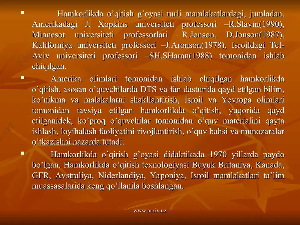 qidildan aqliy mehnat qilishga, o’quv topshiriqlarini to’liq va sifatli bajarishga, o’quv materialini puxta o’zlashtirishga, o’rtoqlariga hamkor bo’lib, o’zaro yordam uyushtirishga zamin tayyorlaydi. www.arxiv.uz www.arxiv.uz hamkorlikda o’qitish texnologiyasida o’quvchilarni hamkorlikda o’qitishni tashkil etishning bir necha metodlari mavjud: 1. komandada o’qitish(r.slavin). 2. kichik guruhlarda hamkorlikda o’qitish(r.slavin, 1986). 3.hamkorlikda o’qitishning “zigzag yoki arra” metodi(e.aronson, 1978). 4.hamkorlikda o’qitishning “birgalikda o’qiymiz” metodi(minnesot universiteti professorlari –r.jonson, d.jonson,1987). 5.kichik guruhlarda ijodiy izlanishni tashkil etish metodi(isroildagi tel-aviv universiteti professori –sh.sharan(1988) tomonidan ishlab chiqilgan.) www.arxiv.uz www.arxiv.uz komandada o’qitish(r.slavin) komandada o’qitishda o’quvchilar teng sonli ikki komandaga ajratiladi. har ikkala komanda bir xil topshiriqni bajaradi. komanda a’zolari o’quv topshiriqlarini hamkorlikda bajarib, har bir o’quvchi mavzuda ko’zda tutilgan bilim, ko’nikma va malakalarni o’zlashtirishiga e’tibor qaratadi. r.slavinning ta’kidlashicha, o’quvchilarga topshiriqlarni hamkorlikda bajarish uchun ko’rsatma berilishi yetarli emas. o’quvchilar o’rtasida tom ma’nodagi hamkorlik, har bir o’quvchining qo’lga kiritgan muvaffaqiyatidan quvonish, bir-biriga sidqidildan yordam berish hissi, qulay ijtimoiy-psixologik muhit vujudga kelishi zarur. mazkur texnologiyada o’quvchilarning …