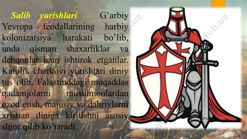shbu shior ostida olib borganlar. rim papasi ham musulmonlarga qarshi harakatlarni doim qo’llagan. papa grigoriy vii xi asrning o’rtalaridayoq sharqqa yurishlarga chaqirgan edi. katolik cherkovi yurishlar orqali o’zining obro’sini oshirish, siyosiy mavqeini kuchaytirish, boyliklarini kuchaytirishni maqsad qilgan edi. grigoriy vii fransiyaning janubidagi klermon shahrida 1095-yil noyabrida katolik cherkovining umumjahon yig’ini bo’ladi. papa urban ii yig’in tugagandan so’ng to’plangan yepiskoplar, abbatlar, ritsarlar va minglab aholi huzurida nutq so’zlaydi. u “payg’ambar qabrini” ozod etish uchun barchani salib yurishlariga chaqiradi. papaning chaqirig’i yevropada keng yoyiladi. dastlab dehqonlar yurish boshlaydi. aholi orasida o’z voizlari yetishib chiqib, ulardan amen shahridan bo’lgan pyotr pustinnik o’zining notiqligi va jonkuyarligi bilan shuxrat topgan. 1096-yilning erta bahoridan shimoliy va o’rta fransiyadan, germaniyaning reynbo’yi viloyatlarida yashagan dehqonlar ziyoratchilarning an’anviy yo’li bo’ylab harakatga tushadilar. yurishlarga turli sayoq-daydilar, yarim qaroqchi yarim ritsarlar qo’shilib, ular yo’lda mahalliy aholiini tunash tashabbuskorlari bo’lishadi. salibchilar o’z yo’llaridagi shaharlarda yashagan yahudiylarni talab, qirg’in qiladilar. oziq-ovqatni kuch bilan …