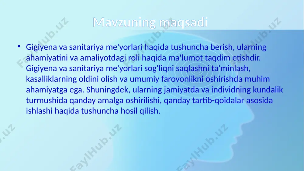 ektlar uchun bir xil bo‘lmasligi kerak. masalan, kimyoviy modda uchun ishlab chiqiladigan rek havo, suv, tuproq, oziq-ovqat mahsulotlarining o‘ziga xos xususiyatlarini hisobga olgan holda alohida bo‘lishi zarur. 5. tekshirilayotgan omilning keltirib chiqarishi mumkin bo‘lgan nomuvofiq samaralarining majmuasini hisobga olish prinsipi. masalan, dispersli moddani atmosfera havosi uchun me’yorlashtirishda uning faqat odam organizmi uchun zararli ta’sir etishi mumkinligigina emas, balki umumsanitar sharoitlarning yomonlashishi, quyosh radiatsiyasi tarkibidagi ultrabinafsha nurlarning jadalligini pasaytirish kabilar hisobga olinadi. 6. zararning cheklovchi ko‘rsatkichidan foydalanish prinsipi: gigiyenik reglamentni o‘rnatishda o‘rganilayotgan omilning ta’siriga tekshirish jarayonida eng sezgir bo‘lgan ko‘rsatkichga asoslanish lozim. 7. “doza-samara”, “vaqt-doza”, “doza-vaqt-samara” ning bog‘liqligini hisobga olish. mazkur prinsip gigiyenik reglamentni ishlab chiqishga asos bo‘luvchi hisoblanadi, chunki omilning miqdoriy ta’rifini, uning ta’sir etish muddatini va keltirib chiqargan samarasini hisobga olmay turib, reglament o‘rnatish mumkin emas. 8. eksperiment sharoitida omilning ta’sirini modellashtirish prinsipi. ko‘p hollarda gigiyenik me’yor yoki reglamentni shu omilning ta’sir ko‘rsatish sharoitini modellashtirmasdan ishlab chiqish mumkin emas. …