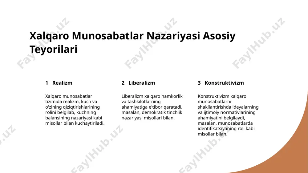 n yog'ga bo'lgan ishonch va xitoyning aqsh va yevropa eksportiga bo'lgan ishonchidir. xalqaro savdo foydasi xalqaro savdo, iste'molchilar uchun o'sish, maxsuslashtirish va arzon narxlarga olib keladi, shuningdek diplomatik aloqalarni rivojlantiradi va davlatlar o'rtasidagi munosabatlarning ziddiyatini kamaytiradi. xalqaro munosabatlar tizimi va str geleneksel xavfsizlik ogohlantirishlari xalqaro tizimdagi gelen harbiy hujumlar, terrorizm va nuklear zidduchilik kabi gelenekiy xavfsizlik xavfli holatlarga olib kelishi mumkin, bu esa munosabatlar va barqarorlikka olib kelishi mumkin. gelenbeviy xavfsizlik muammoatlari non-traditsionel xavfsizlik muammo​lari, masalan, saiber hujumlar, iklim o'zgarishlari va pandemiyalar, global xavfsizlikka qat'iy og'ir xavf ko'rsatadi va munosabatlar olib kelishi mumkin. xalqaro munosabatlar hal etish mexanizmlari uzbek inson huquqlari va xalqaro munosabatlar inson huquqlarining xalqaro munosabatlar ustida o'z ta'siri inson huquqlariga hurmat mamlakatning xalqaro reputatsiyasini yaxshilaydi, diplomatik aloqalarni kuchaytiradi va savdo shartnomalariga olib keladi. inson huquqlari buzilishlari xalqaro hamkorlikka to'siqchilik qiladi. inson huquqlari buzilishlari vaziyatda diplomatik munosabatlar va mamlakatlar o'rtasidagi hamkorlikni buzishga olib kelishi mumkin, bu esa jahon …