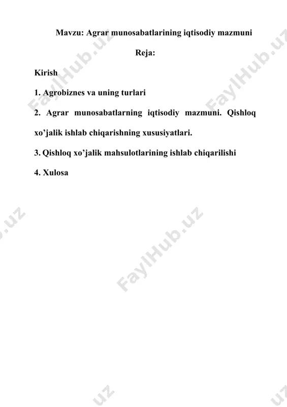 inlash orqali foyda ko’rishdan iborat. agrobiznesning asosiy shakli va bo’g’ini fermer va dehqon xo’jaliklaridir. chunki bu xo’jaliklar bevosita qishloq xo’jalik mahsulotlarini ishlab chiqaradi. fermer va dehqon xo’jaliklar o’z yerida yoki ijaraga olingan yerd ish yuritib, unda mulk egasi va ishlab chiqaruvchi fermerning o’zi va oila a‘zolari hisoblanib, ayrim hollarda yollanma mehnatdan foydalanishlari ham mumkin. fermer xo’jaligining afzalligi shundan iboratki, unda mulk va mehnat bevosita qo’shiladi, bu esa ishlab chiqarishni yuqori samaradorligini ta‘minlaydi va ular bozor kon‘yuktura (holati)siga tez moslashaoladilar. unda iqtisodiy manfaat va pirovard natija uchun mas‘uliyat bitta faoliyatning ikki tomonini tashkil qiladi. qishloq xo’jaligini fermerlashtirish agrar islohotlarning tarkibiy qismi hisoblanadi. qishloq xo’jaligida zarar ko’rib ishlash natijasida og’ir ahvolga tushib qolgan davlat xo’jaliklarining tarkibi fermer xo’jaliklaridan iborat shirkatlar uyushmasiga aylntirish, mavjud davlat va jamoa xo’jaliklari tarkibida ular resurslari hisobidan fermer xo’jaliklari tashkil etish hamda dehqonlarning mol-mulklari negizida dehqon xo’jaliklarini tarkib toptirish yo’li bilan hozirgi uyushgan va mulkka ega bo’lgan fermer …