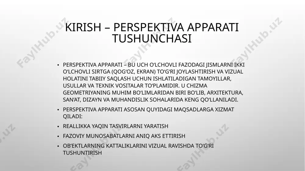 a bog‘liq ravishda parallel chiziqlarning yo‘nalishidagi oxirgi nuqta. bitta, ikkita yoki uchta ko‘z nuqtasi bo‘lishi mumkin. gorizont chizig‘i – bu kuzatuvchining ko‘rish balandligini belgilaydi. ob’ektlar gorizont chizig‘idan yuqorida yoki pastroqda joylashgan bo‘lishi mumkin. masalan, pastdan qaraganda bino tepasining burchaklari pastga qarab yo‘naladi. arxitektura va dizaynda perspektiva apparati arxitektura va dizayn sohalarida perspektiva apparati juda muhim: arxitektura loyihalarini yaratishda – binolar, interyer dizayni va landshaft tasvirlarini realistik aks ettirish uchun. shaharsozlik va rejalashtirishda – ko‘chalarning vizual maketlari, osmono‘par binolarning fazoviy joylashuvi. grafik dizayn va san’atda – plakatlar, illyustratsiyalar va reklama mahsulotlarida vizual chuqurlik yaratish. kompyuter grafikasi va animatsiyada – 3d modeling, virtual reallik va o‘yin industriyasida foydalaniladi. xulosa va amaliy qo‘llanilishi perspektiva apparati inson ko‘zining tabiiy ko‘rish qobiliyatiga asoslanadi va chizma geometriyada muhim ahamiyatga ega. uning amaliy qo‘llanilishi: muhandislik va texnik chizmalarda – qurilish va sanoat dizaynida ishlatiladi. shaxsiy ijodiy loyihalarda – rassomlar va dizaynerlar tasvirlarni realistik qilishda qo‘llaydi. ta’lim jarayonida …
