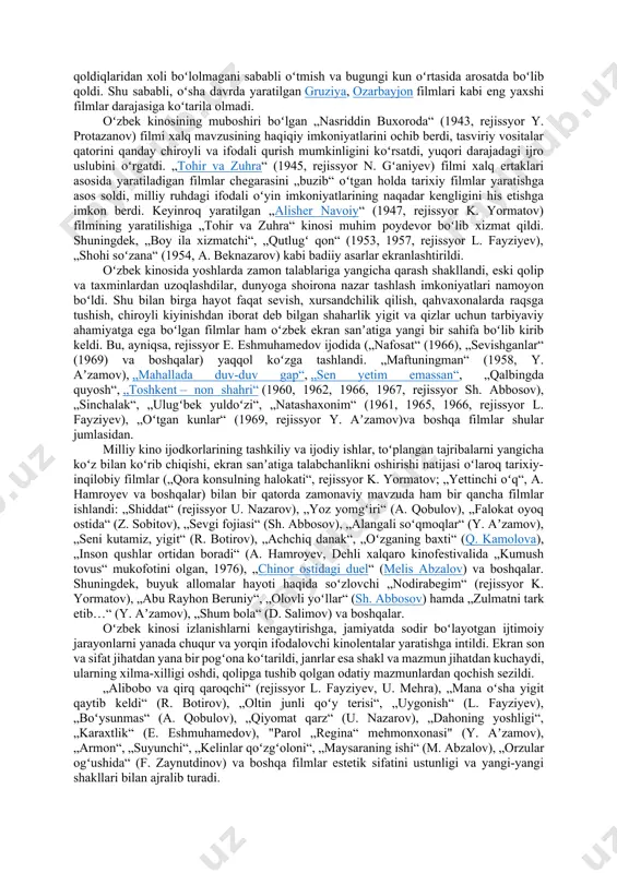 aviy kino, hujjatli kino va multiplikatsion kino. shulardan badiiy film kino sanʼatining asosiy turlaridan boʻlib, maxsus yozilgan ssenariy yoki qayta ishlangan badiiy adabiyot (hujjatli yoki badiiy proza, teatr dramaturgiyasi va boshqalar) asosida ijodning ijroiy vositalari yordamida haqiqiy yoki toʻqima voqealarning bayon etilishi; ilmiy-ommaviy kino tomoshabinlarni tabiat va jamiyat hayoti, ilmiy kashfiyot va ixtirolar bilan tanishtiradi. kino sanʼatining yana bir muqim turi – animatsion film. eng keng tarqalgan shakllari rasmli va qoʻgʻirchoqli filmlardir. rassom chizgan rasmlar yoki maketlar, shuningdek, qoʻgʻirchoqlar harakatlantirilib kinotasmaga tushiriladi. hujjatli film boʻlgan voqea va harakatlarni tasmaga tushiradi. kino sanʼatining komediya, tarixiy, dramatik va sarguzasht filmlar kabi janrlari mavjud. oʻzbekistonda birinchi film 1897-yil „eski joʻva“ maydonida koʻrsatilgan. 1908-yildan toshkent, samarqand, qoʻqon va boshqa shaharlarda chet el filmlari namoyish etilgan. oʻrta osiyoda koʻrsatilgan kinolentalar, asosan, amerika, fransiyaning sharq ekzotikasi tasvirlangan filmlaridan iborat boʻlgan. oʻzbek milliy kino sanʼati xx asrning 20-yillarida vujudga keldi. birinchi oʻzbek kinooperatori xudoybergan devonov oʻzining ilk …