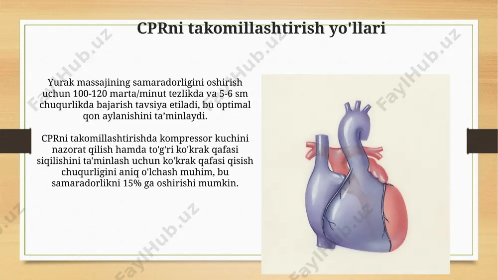 sh kerak. keyin aedni yoqing va ekran ko'rsatmalariga amal qiling. cprni kim bajarishi mumkin? jamoatchilikda cprni o'rgangan 20 dan ortiq odam, xususan, o'qituvchilar, o't o'chiruvchilar yoki politsiya xodimlari, favqulodda vaziyatlarda birinchi yordam ko'rsatishi mumkin. cprni 12 yoshdan oshgan va tegishli trening o'tgan har qanday shaxs, shuningdek, tibbiyot xodimlari bajarishi mumkin, ammo ularning harakatlari samaradorligi kurslar soniga bog'liq. cprga ehtiyoj qachon paydo bo'ladi? yurak urishi to'xtaganda, nafas olish to'xtaganda yoki juda sekinlashganda, masalan, daqiqada 6 dan kam nafas olishda cprga ehtiyoj paydo bo'ladi. agar bemorning pulsi aniqlanmasa va u nafas olmasa yoki juda yuzaki nafas olsa, shuningdek, ko'krak qafasi ko'tarilishi va tushirishini sezish mumkin bo'lmasa, tezyordam xizmatiga qo'ng'iroq qilishdan oldin darhol cpr boshlash kerak. e'tiboringiz uchun rahmat @taqdimot_robot image7.jpg image8.jpg image9.jpg image10.jpg image11.jpg image12.jpg image13.jpg image14.jpg image15.jpg image16.jpg image17.jpg image18.jpg image19.jpg image20.jpg image21.jpg image22.jpg image23.jpg image3.png image4.png