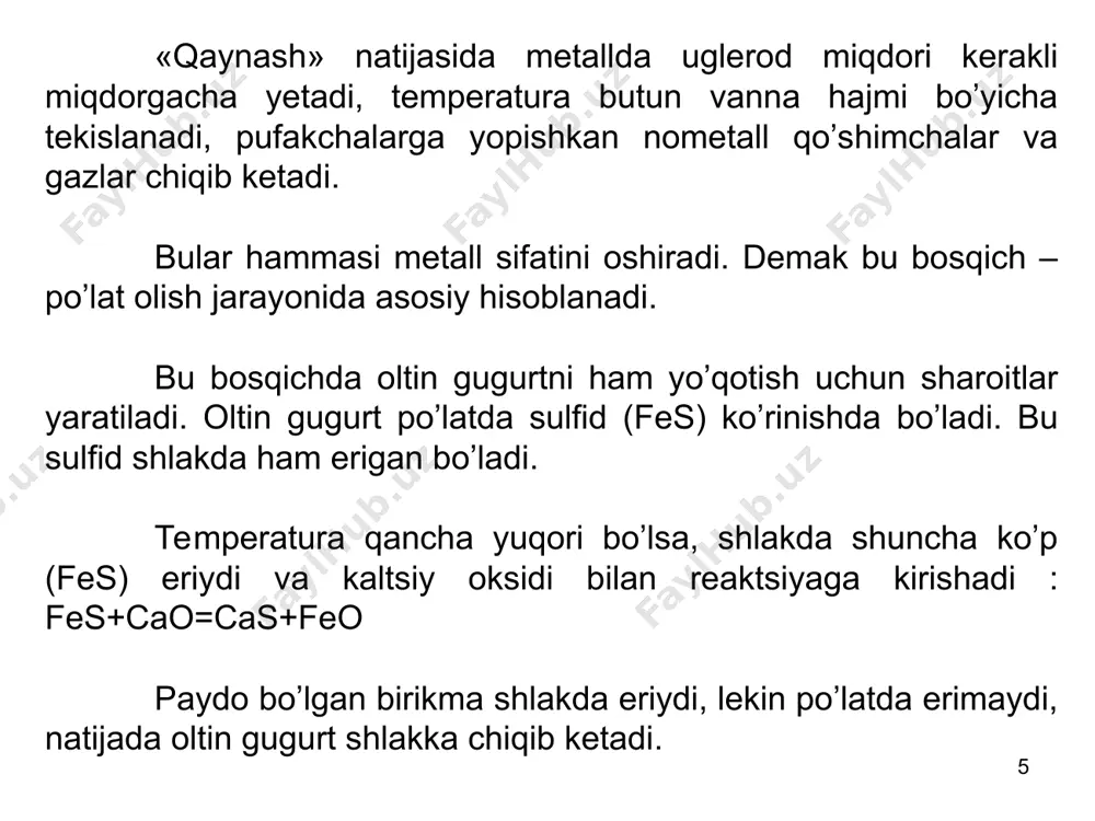 chdan chiqadigan gazlar bilan isitiladigan kamera. pechdan chiqadigan gazlarning temperaturasi 1500…1600 0c ga yetadi va regeneratordagi g’ishtlarni 1250 0c gacha qizdiradi. regtneratordan o’tgan havo 12000c gacha qiziydi, pechning kallagida yoqilg’i bilan aralashib shixtaga qaratilgan alangani xosil qiladi. * pechdan chiqib ketayotgan gazlar tozalash qurilmalardan o’tib ikkinchi regeneratorga yuboriladi. sovigan gazlar tutun quvurdan chiqib ketadi. birinchi regenerator sovigandan keyin gazlar oqimi yo’nalishini o’zgartiradi. alanga 18000c gacha qizib, pechning ish hajmini va shixtani qizdiradi. alanga chixtadagi qo’shimchalarni oksidlaydi. po’latni olish jarayoni 3…6 soat , yirik pechlar uchun 12 soat gacha davom etadi. tayyor po’lat pastda joylashgan novdan chiqariladi, nov o’tga ch[damli moddalar bilan berkitiladi. pechlar 400-600 marta po’lat ishlab chiqargancha ishlab turadi, keyin ta’mirlash uchun toxtatiladi. * shixta tarkibiga ko’ra marten jarayonning quyidagi turlari mavjud : – skrap-jarayon: bunda shixta po’lat chiqindilar (skrap) va 25…45% ga qattiq qayta ishlanadigan cho’yandan idorat. bu jarayon domna pechlari bo’lmagan va po’lat chiqindilar ko’p bo’lgan zavodlarda …