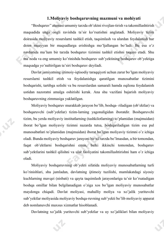 ati) va qayta taqsimlash jarayonlariga ta’sir ko’rsatadigan boshqa omillar bilan belgilanadigan o’ziga xos bo’lgan moliyaviy munosabatlar maydonga chiqadi. davlat moliyasi, mahalliy moliya va xo’jalik yurituvchi sub’yektlar moliyasida moliyaviy boshqa-ruvning sub’yekti bo’lib moliyaviy apparat deb nomlanuvchi maxsus xizmatlar hisoblanadi. davlatning xo’jalik yurituvchi sub’yektlar va uy xo’jaliklari bilan moliyaviy munosabatlar sohasidagi o’zaro munosabatlari soliq tizimi, kredit munosabatlarini boshqarish (tartibga solish), moliya bozorini tartibga solish, davlatning qo’llab-quvvatlash tizimi, pensiya ta’minoti tizimi, ishlovchi aholining daromadlarini tartibga solish mexanizmi va h.k.lar orqali amalga oshiriladi. moliyaviy boshqaruvning maqsadi makroiqtisodiy muvozanatda, byudjet profitsitida, davlat qarzining kama-yishida, milliy valyutaning barqarorligi va mustahkam-ligida va, nihoyat, davlat va jamiyat barcha a’zolari iqtisodiy manfaatlarining yagonaligida (mushtarakligida) namoyon bo’ladigan moliyaviy barqarorlik va moliyaviy mustaqillikni ta’minlashdir. shunga monand ravishda uning asosiy metodologik printsiplari quyidagilardan iborat: · pirovard maqsadga bog’liqlik; · xo’jalik barcha tarmoqlarining makroiqtisodiy muvo-zanatliligi; · jamiyat barcha a’zolarining manfaatlariga mos kelish; · iqtisodiy qonunlardan foydalanish; · real imkoniyatlar asosida ichki va tashqi …