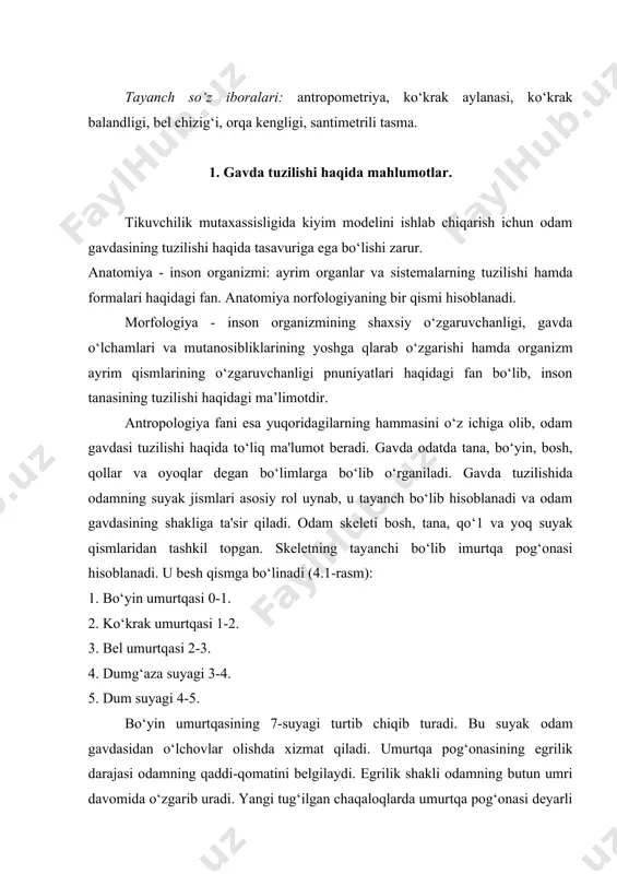 ‘rta egilgan (4.2-rasm, b); · kuchli bir tekisda ifodalangan egrilik (4.2.-rasm, v); · kuchli notekis ifodalangan egrilik (4.2.-rasm, g). 4.1-rasm. umurtqa pog ‘onasing bo ‘linishi. odamning bo‘yin asosidan to yelka bo‘g‘imlarigacha bo‘lgan qismi yelka deb ataladi. yelkaning qiyalik darajasiga qarab past (eq=7,7±0,75 sm – 4.3.-rasm, a), normal (eq=6,2±0,75 sm -i3-rasm, b) va baland (eq=4,7±0,7 sm – 4.3.-rasm, v), shuningdek, yelka keng (4.3.-rasm, g), normal (13-rastn, d) va tor (4.3.-rasm, e) bo‘lishi mumkin. 4-2-rasm umurtqa pog ‘onasining egriligi 4.3-rasm. yelka shakllari ayollarda tananing ko‘krak qafasi qismining shakli ko‘proq ko‘krak bezlarining tuzilishiga bog‘liq bo‘ladi. ko‘krak bezlarining rivojlanishiga qarab kam rivojlangan (14-rasm,a), o‘rta rivojlangan (14-rasm, b) va kuchli rivojlangan (14-rasm,v) turlariga boiinadi. ko‘krak bezlarining joylashishigaqarabyuqorijoylashgan (15-rasm, a), normal joylashgan (15-rasm, b) va past joylashgan (15-rasm, v) turlari ham uchraydi. qorin qismining o‘lchamlariga qarab, tekis qorin (16-rasm, a), bir oz turtib chiqqan qorin (16-rasm, b) va yuqori yoki past joylashgan dumaloq-do‘ppaygan shaklli (16-rasm, v) …