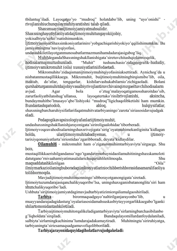 vjudot sifatida jamiyatda o‟z o‟rni bor. shaxsning rivojlanishi esa barcha tug‟mava xosil qilingan xususiyatlar: organizmning anatomik tuzilishi, fiziologik va psixologik xususiyatlar, faoliyat va hatti-harakatning miqdoriy va sifati o‟zgarish jarayonidir. shaxs rivojlanishiga ta’sir etuvchi omillari. inson hayot ekan, butun umri davomida o‟sib, rivojlanib, o‟zgarib boradi. bolalik, o‟smirlik va o‟spirinlik yillarida shaxsning kamol topishi yaqqol ko‟zga tashlanadi. rivojlanish deganda biz shaxsning ham jismoniy, ham aqliy va ma‟naviy kamol topish jarayonini tushinamiz. pedagogika va psixologiya fani rivojlanishni biologik va sotsial xususiyatlari o‟zaro chambarchas bog‟liq bo‟lgan bir butun narsa deb hisoblaydi. odam bolasining shaxs sifatida rivojlanishi har tomonlama kamol topishining samarali bo‟lishiga erishish maqsadida pedagogika fani rivojlanishining qonuniyatlarini unga ta‟sir etuvchi omillarni shuningdek, shaxs kamolotida ta‟lim va tarbiya hamda faoliyatining ta‟siri va ahamiyatini aniqlaydi va tahlil qiladi. shaxs rivojlanishiga irsiyat, muhit va tarbiya kabi omillar ta‟sir etadi. shaxsning shakllanishiga ta‟sir etuvchi omillar quyidagi shaklda aks ettirilgan. (1-shakl). shaxs biologikomillar(irsiyat ) ijtimoiyomillar(muhit) maqsadlitarbiya irsiyat- buotaqoniyokiajdodlarigaxosbo‟lganbiologikxususiyatvao‟hshashliklarningnaslga …