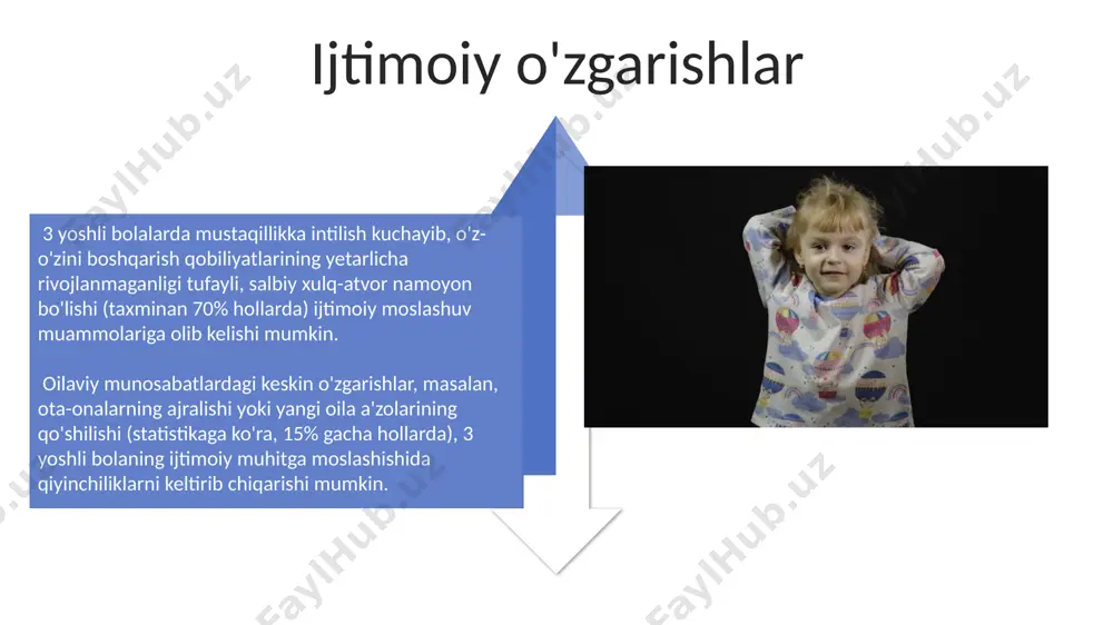 70% ga yaqini 4 yoshga to'lganida sezilarli darajada o'zgarish va rivojlanishni namoyon qiladi, bu esa muvaffaqiyatli ijtimoiy moslashuvni ko'rsatadi. mustaqillikka intilish mustaqillik deklaratsiyasi 1991-yil 31-avgustda e'lon qilingan bo'lib, o'zbekiston respublikasining suverenitetini va mustaqilligini ta'minlashga qaratilgan muhim huquqiy hujjat hisoblanadi. 1990-yillarning boshlarida o'zbekiston iqtisodiyoti rejalashtirilgan iqtisodiyotdan bozor iqtisodiyotiga o'tish davrini boshdan kechirdi, bu esa ko'plab qiyinchiliklarni keltirib chiqardi. salbiy xulq-atvorlar salbiy xulq-atvorlarning 5%i esa charchoq, ochlik yoki jismoniy noqulaylik kabi fiziologik omillar bilan bog'liq bo'lishi mumkin, bu esa bola his-tuyg'ularini nazorat qilish qobiliyatini pasaytiradi. 3 yoshli bolalarda salbiy xulq-atvorlarning 70%i mustaqillikka intilish va o'z xohishini bildirish bilan bog'liq bo'lib, buning natijasi sifatida injiqlik, qichqiriq va narsalarni tashlash kuzatiladi. e'tiboringiz uchun rahmat @taqdimot_robot image4.jpg image5.jpg image6.jpg image7.jpg image8.jpg image9.jpg image10.jpg image11.jpg image12.jpg image13.jpg image14.jpg image15.jpg image16.jpg image17.jpg image3.png image18.jpg image19.jpg image20.jpg image1.jpeg image2.jpeg