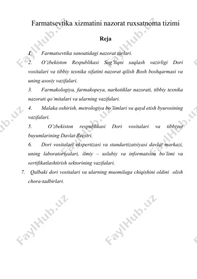 farmatsеvtika xizmatini nazorat ruxsatnoma tizimi — DOC