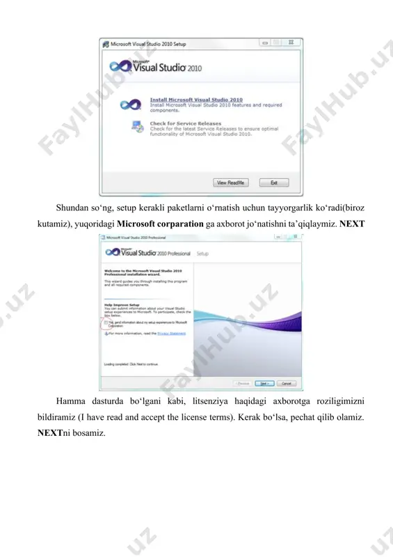 oridagi microsoft corparation ga axborot jo‘natishni ta’qiqlaymiz. next hamma dasturda bo‘lgani kabi, litsenziya haqidagi axborotga roziligimizni bildiramiz (i have read and accept the license terms). kerak bo‘lsa, pechat qilib olamiz. nextni bosamiz. keyingi oynada, dasturni to‘liq o‘rnatish kerakligini(full) yoki o‘rnatiladigan utilit va dasturchalarni o‘zimiz tanlash kerakligimizni(custom) tanlash kerak bo‘ladi. bu tanlovda, biz faqat c++ da ishlashimizni inobatga olib custom tipini tanlaymiz. o‘ng tomonda qaysi diskga o‘rnatish kerakligi va diskning holatlari(bo‘sh joy) keltirilgan, u yerdan kerakli adresni yozib, next tugmasi bosiladi. hosil bo‘lgan oynadan, faqat visual c++ va graphics library bo‘limlarini tanlaymiz va install tugmasini bosamiz shundan so‘ng, komponentlar o‘rnatilish boshlanadi, bu jarayon grafik tarzda ko‘rsatiladi. bu komponentlarni o‘rnatish biroz vaqt talab qiladi. oxirida quyidagi oyna chiqadi va finish tugmasi bosiladi. interfeys – bu foydalanuvchiga muhit bilan qulay o’zaro aloqani ta’minlovchi apparatdir. kompyuteringizda microsoft visual c++ dasturini o’rnatganingizdan keyin uni пуск/программы bandidan ishga tushirishingiz mumkin. qulaylik uchun o’rnatilgan dasturiy mahsulot belgisini …