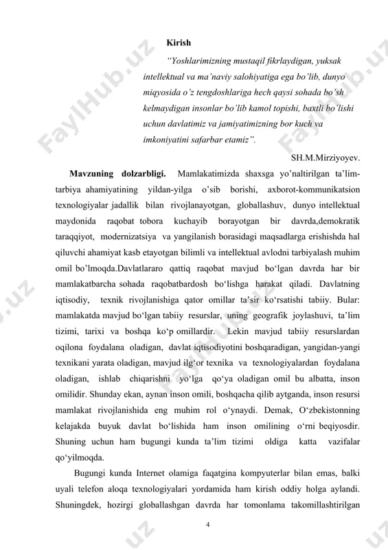a amaliy ma’lumotlami o‘z ichiga oladi. web dizayn fanining vazifasi: - web texnologiyalar asoslari bilan tanishtirish; - zamonaviy axborot texnologiyalari orqali olinayotgan ma’lumotlarning qanday hosil qilinishi va ulardan foydalanish haqida ma’lumotlarni berish; - web saytlarni hosil qiluvchi dasturlar va dasturlash tillari bilimlari bilan tanishtirish: - flash muhitida oddiy va interfaol animasiyalar, flash saylar yaratishga o‘rgatishdan iborat. kurs ishining maqsadi va vazifasi: web saytlar tashkil etishda maket tuzish, sahifalarni tashkil etish, elementlarni joylashtrish hamda dizaynni boshqarish uchun html va css haqida ma’lumot berish va web saytlar tashkil etishda maket tuzish, sahifalarni tashkil etish, elementlarni joylashtrish hamda dizaynni boshqarish uchun html va cssning ahamiyatini o'rganishda interfaol ta`lim metodlari haqida ma`lumot berish. darslarni hozirgi zamonaviy texnalogiya va kompyuterlardan foydalanib o’tish. kurs ishining obyekti: umumta`lim maktablari hamda akademik litseylarda informatika fanini o`qitish jarayoni. kurs ishining subyekti: umumta`lim maktablar hamda akademik litsey o`quvchilari. kurs ishining tuzilishi: kurs ishi tuzilish jihatdan 3 bob, 10 ta reja, …