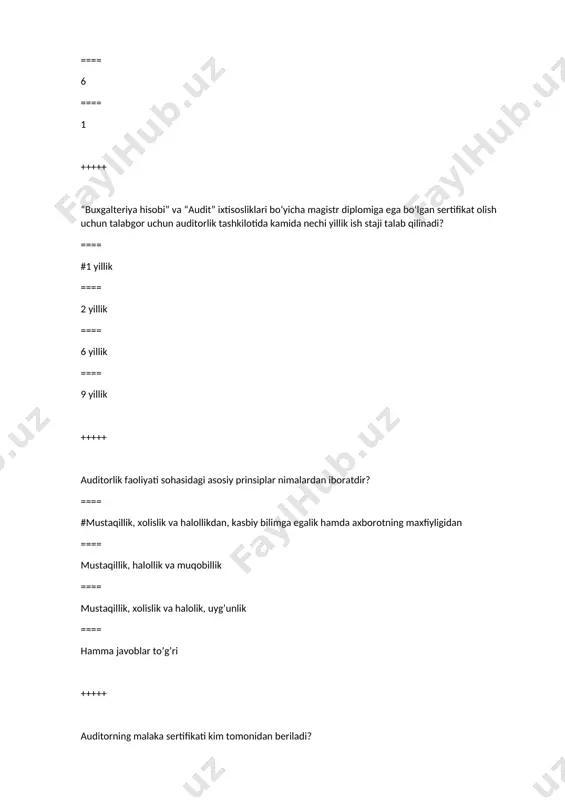 itorning huquqni muhofaza qiluvchi organlarning topshiriqlariga ko‘ra har xil tekshiruvlarni o‘tkazish uchun auditorlik tashkiloti va mazkur organlar o‘rtasida shartnoma asosida mutaxassis sifatida ishtirok etganligi; ==== auditor faqat bir auditorlik tashkilotining xodimi ekanligi fakti aniqlanganda ==== barcha javoblar to‘g‘ri +++++ auditorlik xizmatlari buyurtmachisining talabiga ko‘ra auditor (auditorlar) sertifikatini ko‘rsatish bu – ==== #auditorlik tashkilotining majburiyati ==== auditorlik tashkilotining huquqi ==== auditorlik tashkilotining javobgarligi ==== auditorlik tashkilotining axloqiy tamoyili +++++ muayyan auditorlik tekshiruvida harakatlarni yetarli rejalashtirish toʼgʼrisida asoslantirilgan qarorlar qabul qilish tegishli malaka, bilim va tajribani qoʼllash.................................asosida amalga oshiriladi ==== #professional mulohaza ==== kasbiy kompitentlik ==== maxfiylik ==== to’gri javob ko’rsatilmagan +++++ xalqaro standartlarga binoan auditorlik xulosalarining qanday turlari mavjud? ==== #hamma javoblar to’g’ri ==== ijobiy auditorlik xulosasi ==== salbiy auditorlik xulosasi ==== xulosa berishdan bosh tortish +++++ ichki audit xizmati xarajatlarining yillik smetasi kim tomonidan tasdiqlanadi ? ==== #kuzatuv kengashi ==== ichki audit xizmati rahbari ==== direktorlar kengashi ==== ta’sischilar umumiy …