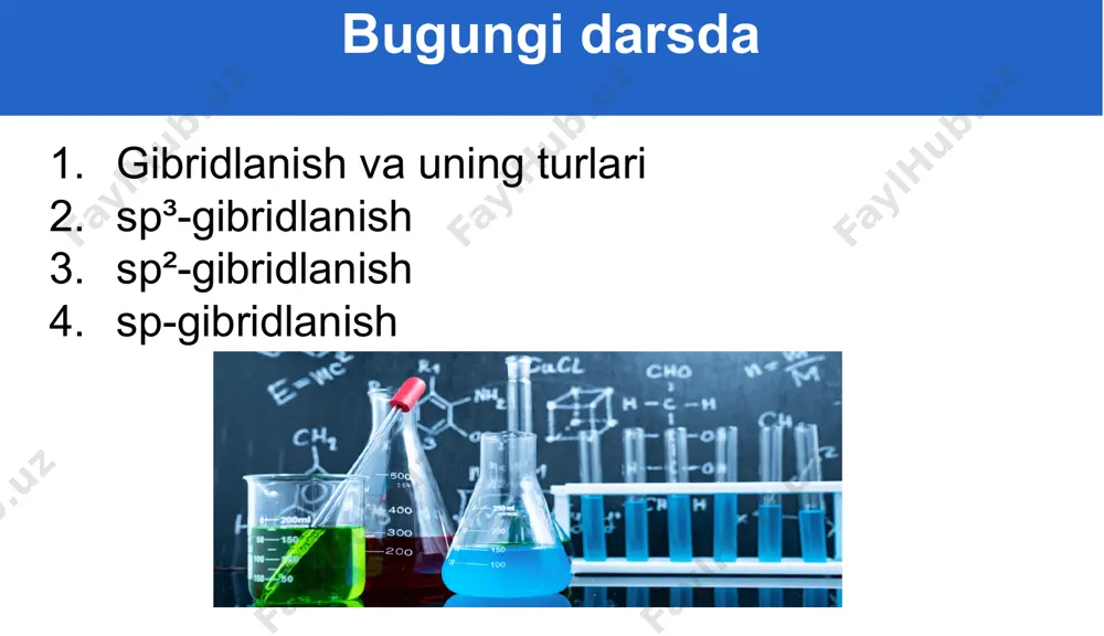 bridlanish sp² - gibridlanish deyiladi . uglerod atomida bittadan p - orbitallar gibridlanmagan bo‘lib, ular π-bog‘ hosil qilishda qatnashadi. 12 sp gibridlanishga asetilen molekulasining hosil bo‘lishi misol bo‘la oladi. uchbog‘ tutgan uglerod atomlari va ikkita qo‘shbog‘ tutgan uglerod atomlari sp gibridlangan holatda bo‘ladi. 13 agar gibridlanish bitta s- va bitta p- orbitallar hisobiga sodir bo‘lsa, bunday gibridlanish sp- gibridlanish deyiladi. bunda hosil bo‘lgan 2 ta gibrid orbital bir-biri bilan 180° burchak ostida joylashadi. qolgan ikkita p - orbital π-bog‘ hosil qilishda ishtirok etadi. 14 mustahkamlash butadiyen-1,2 molekulasida bog‘ hosil qilishda qatnashgan s-, p-, sp, sp², sp³ orbitallar va σ va π-bog‘lar sonini toping. 15 masalaning yechimi butadiyen-1,2 empirik formulasini yozib olamiz: alkadiyen va alkinlar uchun umumiy formula: cnh2n+2 c4h6 butadiyen-1,2 dastlab empirik formula orqali, struktura formulani yozmasdan turib quyidagilarni aniqlashimiz mumkin: gibridlanmagan s-orbitallar soni- molekula tarkibidagi vodorod soniga teng. σ bog‘lar soni-molekula tarkibidagi atomlar yig‘indisidan 1 ni ayirib oson topish …