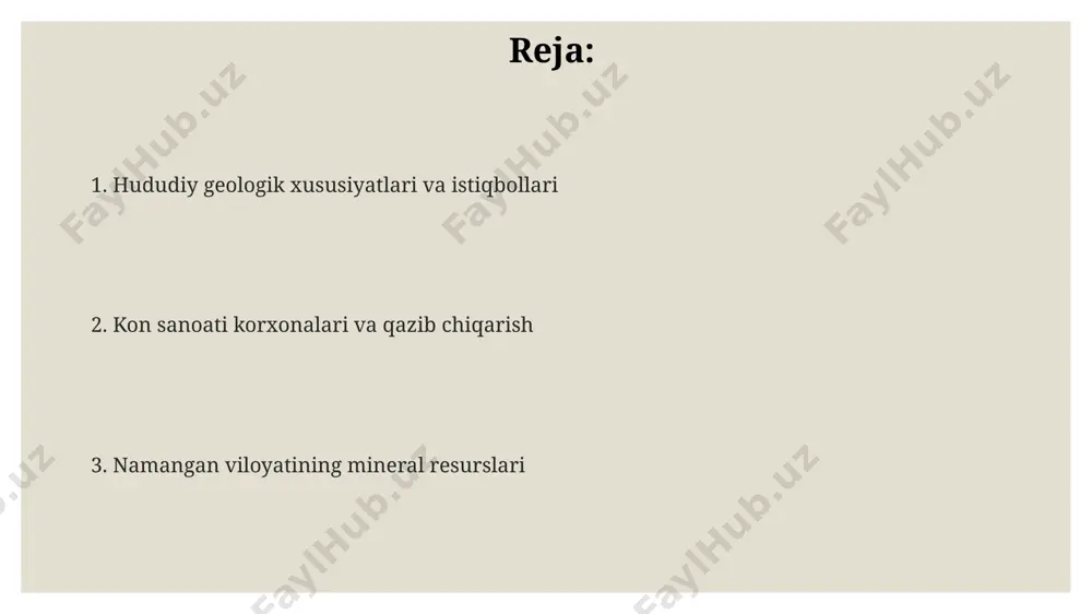 muvofiq zararni kamaytirish bo'yicha aniq chora-tadbirlar ishlab chiqish zarur. qurilish materiallari viloyatda ishlab chiqarilayotgan qurilish materiallarining 30% dan ortig'i tsement, g'isht va shag'al kabi an'anaviy materiallar hisoblanadi. namangan viloyati qurilish materiallari bozorida kichik va o'rta biznes sub'yektlari umumiy hajmining 65% ni tashkil qiladi, bu esa raqobatbardosh muhitni shakllantiradi. namangan viloyatida qurilish materiallari ishlab chiqarish hajmi yiliga o'rtacha 1,5 million kub metrdan oshadi, bu esa viloyatning iqtisodiy rivojlanishiga sezilarli hissa qo'shadi. namangan viloyati kon sanoatining rivojlanishi namangan viloyatidagi tsement, gips va boshqa qurilish materiallari ishlab chiqarish hajmi yildan yilga o'sib bormoqda, bu hududning iqtisodiy rivojlanishiga muhim hissa qo'shmoqda. viloyatdagi oltin, kumush va boshqa nodir metallar konlarining o'zlashtirish darajasi hali past bo'lib, istiqbolli investitsiya loyihalari uchun katta salohiyatga ega. namangan viloyatida 20 dan ortiq turdagi foydali qazilmalar zaxiralari aniqlangan bo'lib, ularning 10 dan ortig'i sanoatda qo'llaniladi. geologik tuzilishi va minerallarning tarqalishi namangan viloyatining geologik tuzilishi paleozoy va mezozoy davrlarining cho'kindi jinslaridan, shuningdek, …
