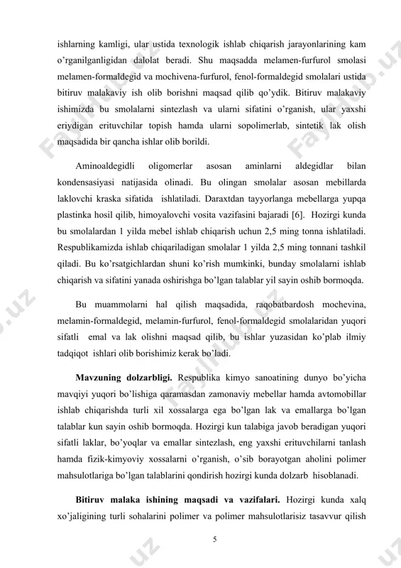 maqsad qilib, bu ishlar yuzasidan ko’plab ilmiy tadqiqot ishlari olib borishimiz kerak bo’ladi. mavzuning dolzarbligi. respublika kimyo sanoatining dunyo bo’yicha mavqiyi yuqori bo’lishiga qaramasdan zamonaviy mebellar hamda avtomobillar ishlab chiqarishda turli xil xossalarga ega bo’lgan lak va emallarga bo’lgan talablar kun sayin oshib bormoqda. hozirgi kun talabiga javob beradigan yuqori sifatli laklar, bo’yoqlar va emallar sintezlash, eng yaxshi erituvchilarni tanlash hamda fizik-kimyoviy xossalarni o’rganish, o’sib borayotgan aholini polimer mahsulotlariga bo’lgan talablarini qondirish hozirgi kunda dolzarb hisoblanadi. bitiruv malaka ishining maqsadi va vazifalari. hozirgi kunda xalq xo’jaligining turli sohalarini polimer va polimer mahsulotlarisiz tasavvur qilish qiyin. sanoatning eng yirik tarmoqlarida rezina, plastmassa, kimyoviy tolalar, polimer pardalar, izaliasion materiallar, trubalar, turli xil kattalikdagi shlanklar va boshqa ko’plab tur polimer buyumlar dunyo miqyosida keng ko’lamda ishlab chiqarilsa-da, xalq xo’jaligining mebel hamda avtomobil ishlab chiqarish sanoatlari uchun turli xil xossa va xususiyatlarga ega bo’lgan lak, emal hamda buyoqlarga bo’lgan talablar kun sayin oshib bormoqda. …