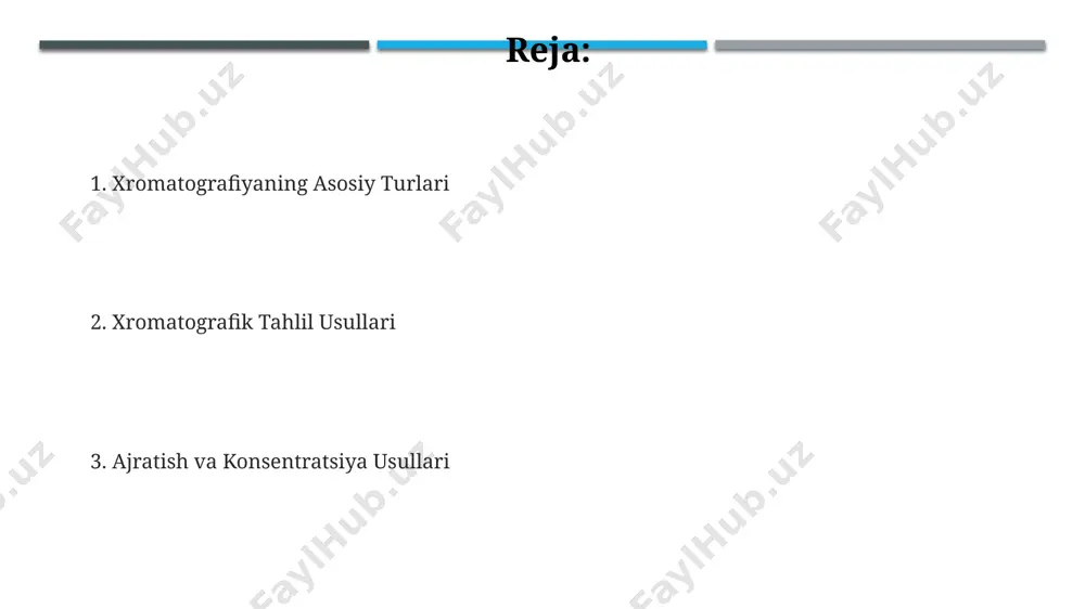 ri, ajratilgan komponentlarning konsentratsiyasini 0.1 µg/ml gacha aniqlash imkonini beradi. kirish gaz xromatografiyasi (gx) uchuvchi birikmalarni ajratishda samarali bo‘lib, unda 10 -9 g gacha bo‘lgan miqdordagi komponentlarni aniqlash mumkin. yuqori samarali suyuqlik xromatografiyasi (yuxx) katta molekulali birikmalarni, jumladan, oqsillar va polimerlarni ajratishda keng qo‘llaniladi va 1000 dan ortiq kolonkalar mavjud. xromatografiya usullari analitik kimyo va biokimyoda 100 dan ortiq moddalarni ajratish va aniqlashda qo‘llaniladi, ularning samaradorligi yuqori aniqlik va sezgirlik bilan ajralib turadi. yuqori samarali suyuqlik xromatografiyasi (yuxx) yuxx yuqori bosimli nasoslardan foydalanadi, bu esa 1000 dan ortiq atmosfera bosimida mobil faza oqimini ta'minlaydi va analiz vaqtini sezilarli darajada qisqartiradi. yuxx detektorlari, masalan, uv-vis detektorlari yoki mass-spektrometrlari, pikolarni aniqlash va kvantifikatsiya qilish uchun yuqori sezuvchanlikni ta'minlaydi, bu esa 1 ppt dan past konsentratsiyalarni aniqlash imkonini beradi. yuxx da ishlatiladigan ustunlarning diametri odatda 2-4,6 mm bo'lib, yuqori samaradorlik va tezroq analizni ta'minlaydi. analitlarni ajratish samaradorligi ko'payadi. ajratish va konsentratsiya usullari sentrifugalanish …