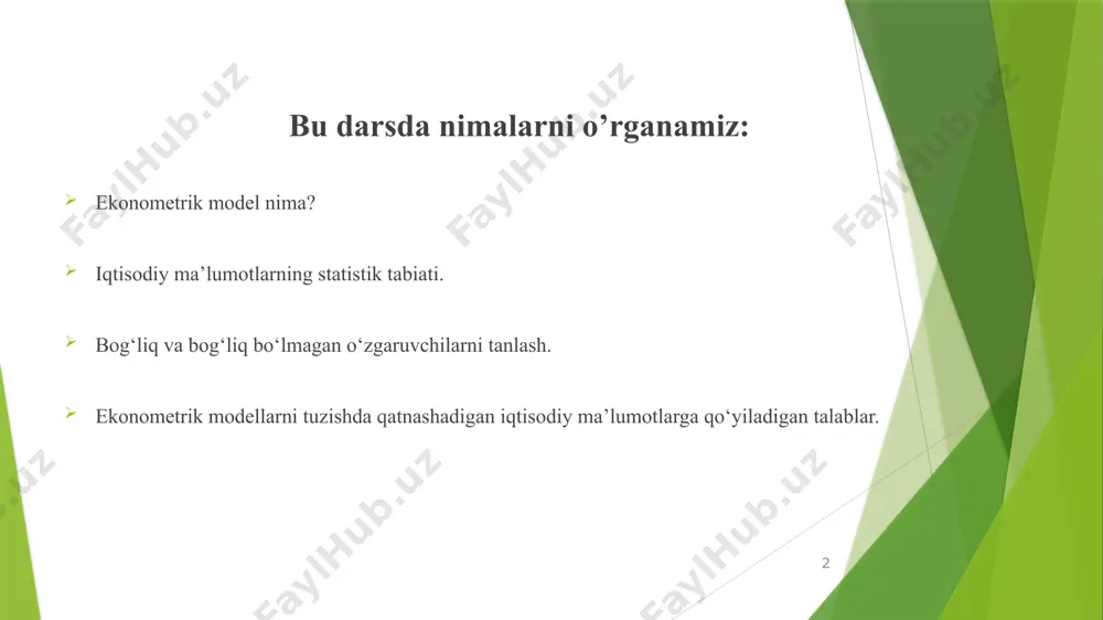 nglamalardan foydalanadi. statistikaning ishlash tartibi 2. iqtisodiy ma’lumotlarning statistik tabiati. хulosa chikarish umumlashtirish тalqin qilish тahlil qilish ma'lumotlarni to’plash аsosiy tushunchalar ma'lumotlar - turli o'lchovlar yoki so'rov javoblari kabi kuzatuvlar to'plamidir. statistika - bu tadqiqotlar va tajribalarni rеjalashtirish haqidagi fandir. ma'lumotlarni to’plash va ularni guruhlash, umumlashtirish, taqdim еtish, tahlil qilish va talqin qilish, so'ngra ular asosida хulosalar chiqarish statistikaning bosh usullaridir. (collect,summarize,analyze, interpret and draw conclusion.) bosh to'plam - bu ko'rib chiqilayotgan barcha o'lchovlar yoki ma'lumotlarning to'liq to'plamidir. оdatda, bosh to'plam - bu biz хulosa qilmoqchi bo'lgan ma'lumotlarning to'liq to'plamidir. masalan o’zbеkiston aholisi 38 million kishi, sinfda 90 studеnt bor va hk. ya'ni to'plamning barcha elеmеntlarini uz ichiga oladigan to'plamdir. bosh to'plam bilan ishlashga misol kеltira olasizmi? аholini ro'yхatga olish – bu aholining har bir a'zosidan olingan ma'lumotlarni to'plashdir. тanlanma (smaller subset of population) - bu bosh to'plamdan tanlangan a'zolarning kichik to'plami. тanlanma tasodifiy tarzda tanlanishi kеrak.statistics generally deals with …