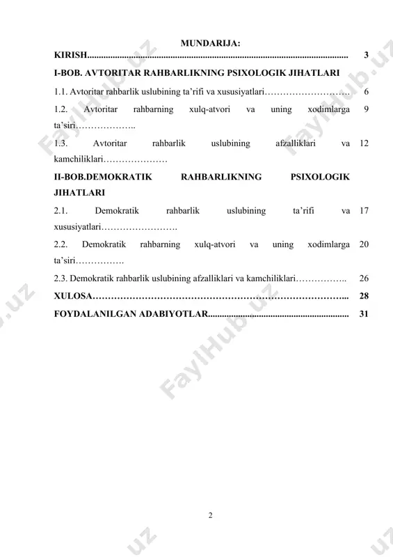 nishi ko‘zda tutilgan. bu esa demokratik rahbarlik uslubining amaliy jihatlarini mustahkamlashga qaratilgan. bundan tashqari, 2024-yil 19-aprelda qabul qilingan “davlat ishtirokidagi yirik korxonalarni transformatsiya qilish va xususiylashtirish jarayonlarini jadallashtirish chora-tadbirlari to‘g‘risida”gi qarorda ham rahbarlik uslubining samaradorligi va xodimlar bilan hamkorlikda ishlash muhimligi ta’kidlangan. ushbu hujjatlar davlat boshqaruvida markazlashgan avtoritar yondashuvdan ko‘ra, jamoaviy, demokratik va ishtirokchilikka asoslangan uslublarni rivojlantirishga intilishni ifodalaydi. shu nuqtai nazardan, avtoritar va demokratik rahbarlik uslublarining psixologik jihatlarini o‘rganish, ularning xodimlarning ishdagi motivatsiyasi, ruhiy salomatligi va ish samaradorligiga ta’sirini tahlil qilish bugungi kun uchun ayni dolzarbdir. rahbarlik uslublarining psixologik asoslari xodimlarning ishga munosabati, ijodiy faoliyati va jamoa ruhiyatiga sezilarli ta’sir ko‘rsatadi. shu bois, mazkur mavzuni o‘rganish nafaqat nazariy jihatdan, balki amaliy ahamiyatga ham ega bo‘lib, samarali boshqaruv tizimini shakllantirishda muhim omil hisoblanadi. muammoning oʻrganilganlik darajasi. avtoritar va demokratik rahbarlik uslublarining psixologik jihatlari mavzusi nafaqat xorijiy, balki o‘zbek ilm-fanida ham keng tadqiq etilgan. o‘zbekiston olimlari rahbarlik va boshqaruv uslublarining ijtimoiy-psixologik …