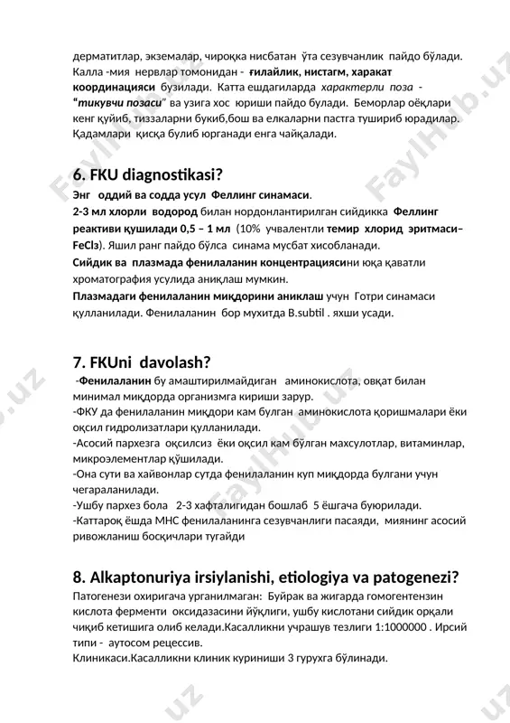 лган махсулотлар, витаминлар, микроэлементлар қўшилади. -она сути ва хайвонлар сутда фенилаланин куп миқдорда булгани учун чегараланилади. -ушбу пархез бола 2-3 хафталигидан бошлаб 5 ёшгача буюрилади. -каттароқ ёшда мнс фенилаланинга сезувчанлиги пасаяди, миянинг асосий ривожланиш босқичлари тугайди 1. alkaptonuriya irsiylanishi, etiologiya va patogenezi? патогенези охиригача урганилмаган: буйрак ва жигарда гомогентензин кислота ферменти оксидазасини йўқлиги, ушбу кислотани сийдик орқали чиқиб кетишига олиб келади.касалликни учрашув тезлиги 1:1000000 . ирсий типи - аутосом рецессив. клиникаси.касалликни клиник куриниши 3 гурухга бўлинади. 1.сийдик рангининг қорайиб кетиши 2.тогай ва бириктирувчи тўқималарни рангини кул ранг булиши. 3.артропатиялар. 1. alkaptonuriya klinik belgilari? сийдикни нормал ранги, хавода 12-24 соат ичида кораяди.чақалоқларда рангли сийдик чойшабини тўқ пушти ёки қизил рангга буяйди.бу биттагина касаллик белгиси20-30 ешли беморларда кул-мовий рангли пигментация (охроноз) қулоқ пардаси, склералар, бурун, буйин, кулда кузатилади. 30-40ёшлиларда бўғин симптомлари, касаллик даражасини белгилайди. алкилозиловчи«ревматизм», купинча умртка пағонасини, камроқ катта буғинларни зарарлайди ва хурижсимон оғриқлар билан кечади ва беморни ногиронликка олиб келади. …