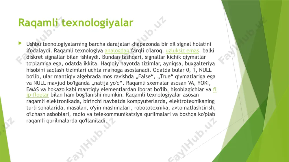 siz amalga oshirilishi mumkin. bu xususiyat sizga oʻzgaruvchan talablarga tezda moslashish imkonini beradi. bundan tashqari, analog tizimlarda mumkin boʻlmagan yoki amalga oshirish mumkin boʻlgan murakkab algoritmlardan foydalanish mumkin, lekin faqat juda katta xarajatlar bilan. raqamli tizimlarda axborotni saqlash analog tizimlarga qaraganda osonroq. raqamli tizimlarning shovqinga chidamliligi maʼlumotlarni zararsiz saqlash va olish imkonini beradi. analog tizimda qarish va eskirish qayd etilgan maʼlumotni buzishi mumkin. raqamli rejimda, agar umumiy shovqin maʼlum darajadan oshmasa, maʼlumot juda aniq tarzda tiklanishi mumkin kamchiliklar baʼzi hollarda raqamli sxemalar bir xil vazifani bajarish uchun analog davrlarga qaraganda koʻproq quvvat sarflaydi va koʻproq issiqlik hosil qiladi, bu esa sxemaning murakkabligini oshiradi, masalan, sovutgichni qoʻshish. bu ularning akkumulyatorli portativ qurilmalarda foydalanishini cheklashi mumkin. misol uchun, uyali telefonlar koʻpincha tayanch stantsiyadan radio signallarini kuchaytirish va sozlash uchun kam quvvatli analog interfeysdan foydalanadi. biroq, tayanch stansiya quvvat talab qiladigan, lekin juda moslashuvchan dasturiy taʼminot bilan belgilangan radio tizimidan foydalanishi mumkin. bunday …