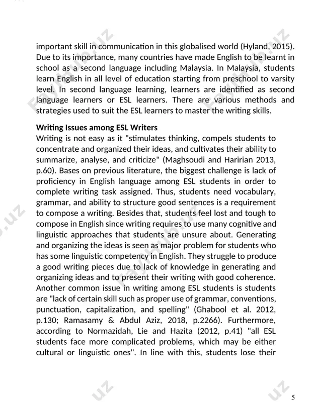 researches do employ many strategies to teaching writing skills to esl learns, yet the results are frustrating. one important area needed to be reviewed are the approaches employed by teachers in teaching writing. to see the efficacy of these approaches in developing students writing skills in esl classrooms, an analysis of approaches used in esl classrooms is required. the main goal of this systematic review is to demonstrate a formulation of empirical data found via various approaches in previous academic studies on the teaching of writing in esl classrooms. this is to create opportunity to researchers and teachers to formulate interventions and identify the suitable approaches to cater the students' needs and conduct researches in depth in this area. literature review theories of teaching writing teaching and learning writing in esl classrooms are demanding. researchers develop various theories to assist the learners and teachers because in esl students have to …