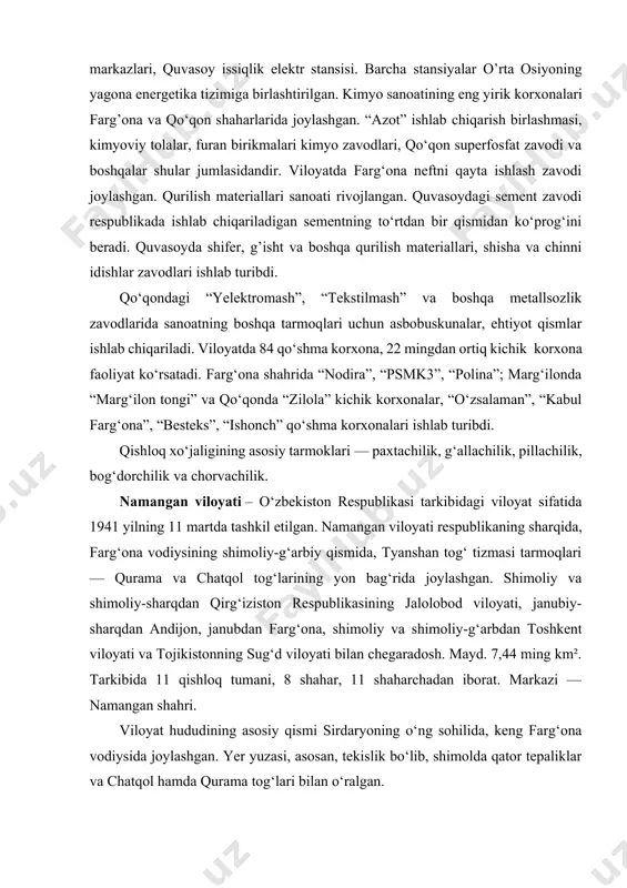 , janubdan farg‘ona, shimoliy va shimoliy-g‘arbdan toshkent viloyati va tojikistonning sug‘d viloyati bilan chegaradosh. mayd. 7,44 ming km². tarkibida 11 qishloq tumani, 8 shahar, 11 shaharchadan iborat. markazi — namangan shahri. viloyat hududining asosiy qismi sirdaryoning o‘ng sohilida, keng farg‘ona vodiysida joylashgan. yer yuzasi, asosan, tekislik bo‘lib, shimolda qator tepaliklar va chatqol hamda qurama tog‘lari bilan o‘ralgan. yeng katta da-ryosi — sirdaryo bo‘lib u norin va qoradaryoning qo‘shilishidan hosil bo‘ladi. aholining asosiy qismini o‘zbeklar (87,8%) tashkil etadi, shuningdek, tojik (9,0%), kirgiz (1,0%), rus (0,8%), tatar, ukrain, ozarbayjon, yahudiy, belorus, arman, qozoq va boshqa millat vakillari ham (jami 89 millat) yashaydi. namangan viloyati respublika ishlab chiqarish va madaniy taraqqiyotida yetakchi o‘rinlardan birini egallaydi. viloyat sanoatining asosiy tarmoqlari: mashinasozlik, elektrotexnika, kimyo, paxta tozalash, oziq-ovqat sanoatlari. namangan viloyatida 170 dan ziyod sanoat korxonalari mavjud. eng yirik sanoat korxonalaridan — mashinasozlik, avtomobillarni tuzatish, g‘isht, yog‘-yekstraksiya, paxta tozalash, oziq-ovqat (vino zavodi, pivo, "namangan salqin ichimliklari", …