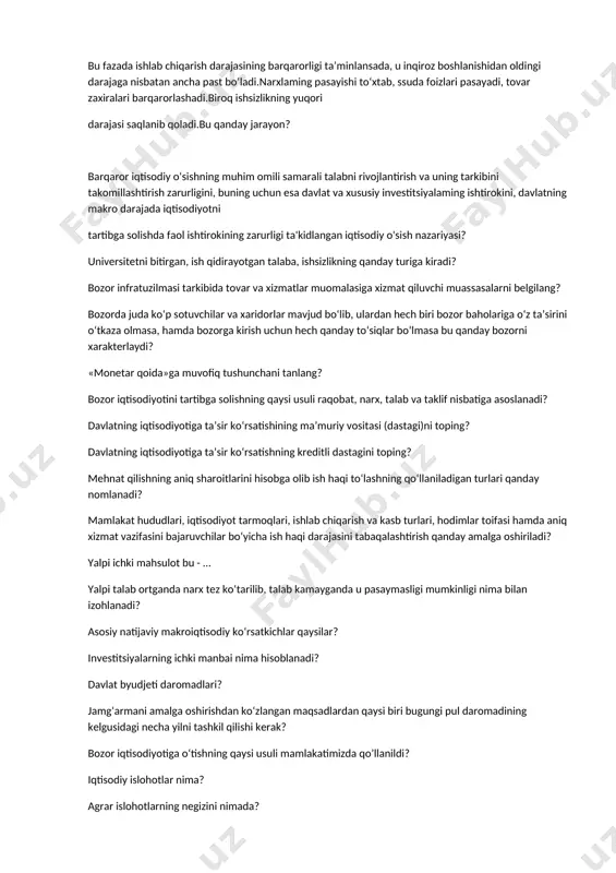 akro darajada iqtisodiyotni tartibga solishda faol ishtirokining zarurligi ta'kidlangan iqtisodiy o'sish nazariyasi? universitetni bitirgan, ish qidirayotgan talaba, ishsizlikning qanday turiga kiradi? bozor infratuzilmasi tarkibida tovar va xizmatlar muomalasiga xizmat qiluvchi muassasalarni belgilang? bozorda juda ko‘p sotuvchilar va xaridorlar mavjud bo‘lib, ulardan hech biri bozor baholariga o‘z ta’sirini o‘tkaza olmasa, hamda bozorga kirish uchun hech qanday to‘siqlar bo‘lmasa bu qanday bozorni xarakterlaydi? «monetar qoida»ga muvofiq tushunchani tanlang? bozor iqtisodiyotini tartibga solishning qaysi usuli raqobat, narx, talab va taklif nisbatiga asoslanadi? davlatning iqtisodiyotiga ta’sir ko‘rsatishining ma’muriy vositasi (dastagi)ni toping? davlatning iqtisodiyotiga ta’sir ko‘rsatishning kreditli dastagini toping? mehnat qilishning aniq sharoitlarini hisobga olib ish haqi to‘lashning qo‘llaniladigan turlari qanday nomlanadi? mamlakat hududlari, iqtisodiyot tarmoqlari, ishlab chiqarish va kasb turlari, hodimlar toifasi hamda aniq xizmat vazifasini bajaruvchilar bo‘yicha ish haqi darajasini tabaqalashtirish qanday amalga oshiriladi? yalpi ichki mahsulot bu - … yalpi talab ortganda narx tez ko‘tarilib, talab kamayganda u pasaymasligi mumkinligi nima bilan …