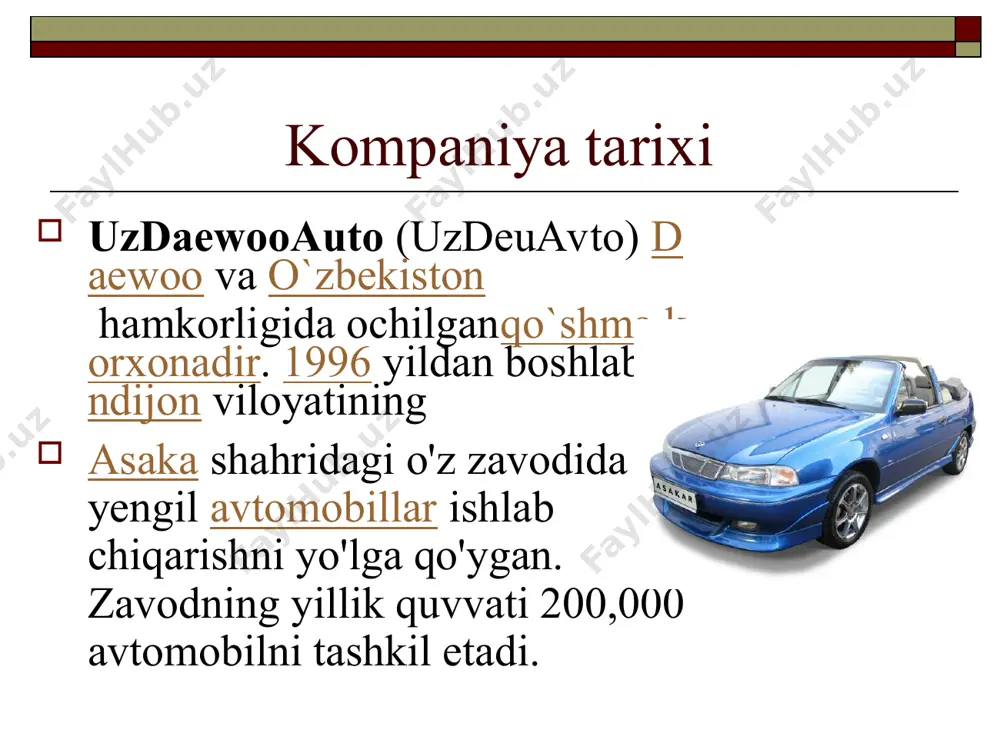 tor ekani aytilmoqda. “loyiha ustida bir vaqtning o'zida bir necha qo'shma korxonalarning yuzlab muhandislar va texnologlari ish olib borishmoqda. eski modeldan farqli ravishda yangisi mdh mamlakatlariga eksport qilinadi”, o‘zbekiston avtomobilsozlari navro‘z bayramiga munosib tuhfa hozirladilar. poytaxtimizda 20 mart kuni “gm uzbekistan” qo‘shma korxonasida ishlab chiqarilgan “chevrolet malibu” avtomobilining taqdimoti bo‘lib o‘tdi. o‘zbekistonda ishlab chiqarilgan avtomobillar nafaqat mamlakatimiz, balki xorij bozorlaridan ham munosib o‘rin egallab, boshqa davlatlarda xaridorlar ishonchiga sazovor bo‘lmoqda. avtomobillarimizning zamonaviy standartlarga javob berishi, qulayligi, xavfsizligi, ishonchli va tejamkorligi bu muvaffaqiyatlarda muhim omil bo‘lmoqda. avtomobilsozlarimiz iste’molchilarning talab va takliflarini inobatga olgan holda avtomobillarni takomillashtirish, modellar qatorini kengaytirish ustida muntazam ish olib bormoqda. “gm uzbekistan” qo‘shma korxonasida yangi model – “chevrolet malibu”ni ishlab chiqarish o‘zlashtirilgani fikrimizning dalilidir. yuksak harakatlanish xarakteristikasi, zamonaviy xavfsizlik tizimi va betakror interyeri bilan alohida ajralib turuvchi “malibu”da yangi dizaynerlik ishlanmalari qo‘llanilgan: ikki seksiyali chevrolet radiator panjaralari, kuchli ksenon faralar, shuningdek, svetodiodli bejirim orqa faralar shular jumlasidandir.