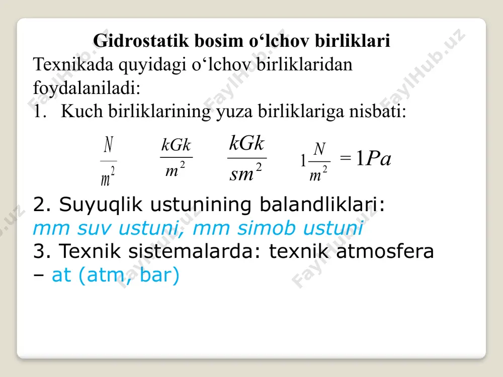 o`tarilganiga qarab aniqlanadi. berilgan ma`lumotlarga asosan: pm=ρg (h-hc)=1000*9,18*(1,5-0,5) = 9810pа 1 p =98.1=9.81= 107.91 kpa 2-masala: agarda naydagi simob ustuni balandligi hc = 30 sm, hamda simob bilan suvni ajratadigan farq idish o’qidan h = 10 sm pastdan o’tsa, idishdagi suvning to’liq va manometrik bosimlari aniqlansin. yechish: suyuqliklarni ajratadigan 00 chiziqda nisbatan muvozanat tenglamasini tuzamiz. patm+ρcgch=p+ ρgh bundan p=patm+ρcgch- ρgh va pm=p-patm=ρcgch- ρgh idish markazidagimonametrik bosim berilgan shartlarda pm=ρcgch-ρgh=13600kg/m3 * 9,81m/sek2 *0,3 m-1000kg/m3 *9,81m/sek2 *0,1 m =39043,8 pa bo’ladi: to’liq gidrostatik bosim esa quyidagiga teng bo’ladi p=patm -pm =98100-39043,8=59056,2 pa har bir talabaga 1-masalani bajarish uchun variantlar № 1 2 3 4 5 6 7 8 9 10 11 12 13 14 15 16 17 18 19 20 hc 0,2 0,3 0,4 0,5 0,6 0,7 0,8 0,9 1,0 1,1 1,2 1,3 1,4 0,9 1,0 1,1 1,2 1,3 1,4 0,9 h 2,1 2,2 2,3 2,4 2,5 2,6 2,7 1,6 1,7 1,8 …