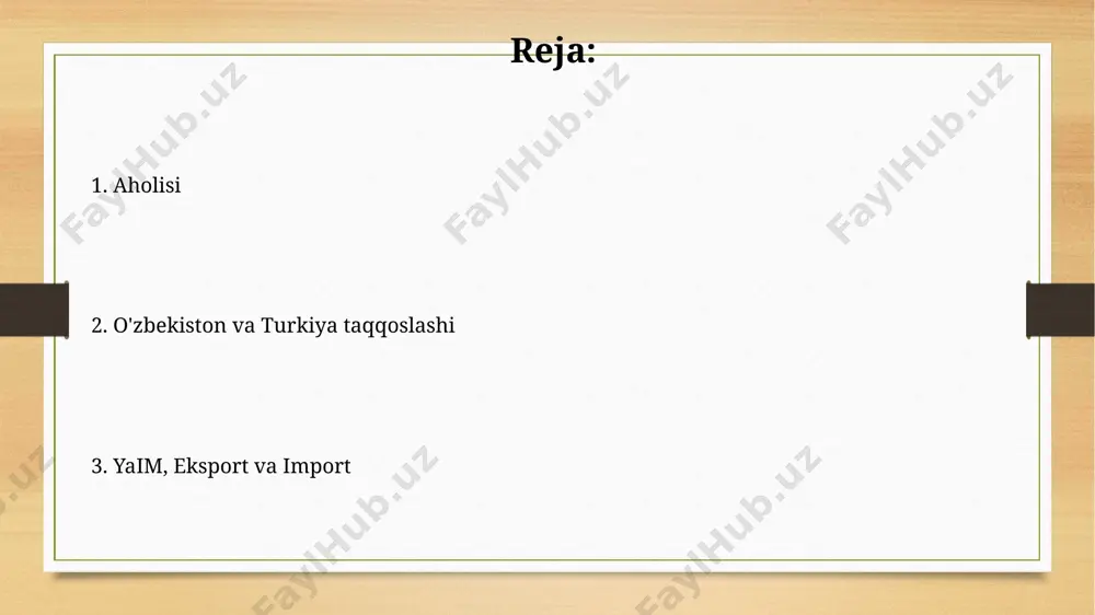 hun oʻzbekiston eksportning diversifikatsiyasini amalga oshirishi kerak. oʻzbekistonning eksport va import koʻrsatkichlari oʻzbekistonning importining katta qismini sanoat jihozlari, mashinalar va transport vositalari tashkil etadi, bu mamlakatning iqtisodiy rivojlanishiga xizmat qiladi. 2023-yilning birinchi choragida oʻzbekistonning xitoy bilan savdo aylanmasi 2 milliard aqsh dollaridan oshdi, bu esa eksportning sezilarli darajada oʻsganini koʻrsatadi. turkiya aholisi soni va demografik koʻrsatkichlar turkiyaning tugʻilish darajasi yevropa mamlakatlari bilan solishtirganda yuqori, ammo soʻnggi yillarda ozgina pasayish kuzatilmoqda, bu esa demografik oʻzgarishlarning boshlanishidan dalolat beradi. turkiyaning yosh aholisi ulushi yuqori boʻlib, bu iqtisodiy rivojlanish uchun katta potentsialni anglatadi, biroq ishsizlik va ijtimoiy muammolarga ham sabab boʻlishi mumkin. oʻzbekiston aholisi soni va demografik koʻrsatkichlar oʻzbekiston aholisining 30 milliondan ortiq qismi shaharlarda istiqomat qiladi, bu esa mamlakatning urbanizatsiya darajasining yuqori ekanligidan dalolat beradi, ayniqsa toshkent va samarqand kabi yirik shaharlarda. oʻzbekistonning tugʻilish koʻrsatkichi soʻnggi yillarda biroz pasaygan boʻlsa-da, hali ham markaziy osiyo mamlakatlari orasida yuqori darajada qolmoqda, bu esa aholining …