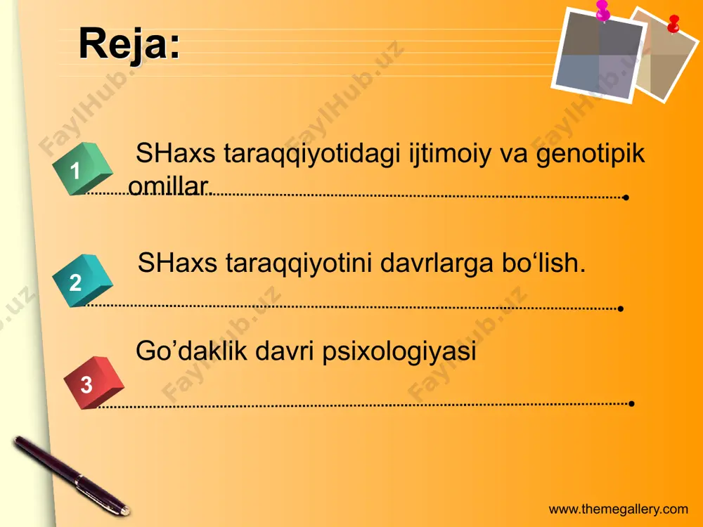 hgacha ilk bolalik 1 – 2 yosh 1 - 2 yosh bolalikning 1 - davri 3 – 7 yosh 3 - 7 yosh bolalikning 2 - davri 8 - 12 yosh 8 – 11 yosh o‘smirlik davri 13 - 16 yosh 12 - 15 yosh o‘spirinlik davri 17 - 21 yosh 16 - 20 yosh o‘rta yetuklik davri: birinchi bosqich 22 - 35 yosh 21 - 35 yosh ikkinchi bosqich 36 - 60 yosh 36 - 55 yosh keksalik davri 61 - 75 yosh 56 - 75 yosh qarilik davri 76 - 90 yosh 76 - 90 yosh uzoq umr ko‘ruvchilar 90 yoshdan ortiq 90 yoshdan ortiq www.themegallery.com xozirgi zamon psixologiyasining yirik vakili av.petrovskiy inson kamolotiga, shaxsning tarkib topishiga ijtimoiy-psixologik nuqtai nazardan yondashib, shaxsning shakllanishini quyidagi bosqichlarda amalga oshishini ta'kidlaydi: 1. ilk bolalik (maktabgacha tarbiya yoshidan oldingi davr) tug’ilganidan 3 yoshgacha. 2. bog’cha davri - 3 yoshdan 7 yoshgacha, 3. …