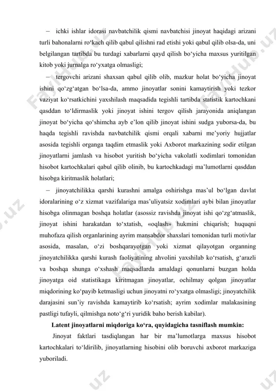 im xodimlar malakasining pastligi tufayli, qilmishga noto‘g‘ri yuridik baho berish kabilar). latent jinoyatlarni miqdoriga ko‘ra, quyidagicha tasniflash mumkin: jinoyat faktlari tasdiqlangan har bir ma’lumotlarga maxsus hisobot kartochkalari to‘ldirilib, jinoyatlarning hisobini olib boruvchi axborot markaziga yuboriladi. 1) latentligi yuqori jinoyatlar (masalan, haqorat qilish, valuta qimmatliklarini qonunga xilof ravishda olish yoki o‘tkazish); 2) latentligi o‘rta jinoyatlar (masalan, jinoiy ravishda homila tushirish (abort)); 3) latentligi past jinoyatlar (masalan, bosqinchilik). latent jinoyatlarni aniqlash jinoyatchilikka qarshi kurash borasida g‘oyat muhim ahamiyatga ega vazifalardan biridir. latent jinoyatchilikni aniqlash va uning darajasini imkon qadar pasaytirish fuqarolar huquqiy ongining o‘sishi va mustahkamlanishiga hamda jinoiy jazodan ko‘zlangan maqsadga erishishga ijobiy ta’sir ko‘rsatadi. latent jinoyatchilikni aniqlashda quyidagi usullardan foydalanish mumkin: · kuzatuvlar olib borish; · hujjatlarni tahlil qilish; · qilmishlarni tahlil qilish; · so‘rovlar o‘tkazish; · mutaxassislar bahosi; · tergov, tezkor-qidiruv usullari; · jamoatchilik fikrini o‘rganish va boshqalar. ta’kidlash joizki, latent jinoyatlarning tuzilishi bir xil emas. shuning uchun latent jinoyatlarni …