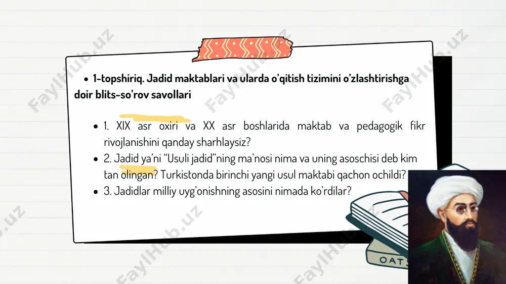 va u qaysi ishlarni rivojlantirdi? 2 m.behbudiyning usuli jadid maktabida o‘qitish ishlari qay tartibda loib borildi? 3 uning matbuotda e’lon qilingan ilm va ma’rifatni targ‘ib etuvchi maqolalar soni qancha va qanday nomlanadi? 1-guruh 2-guruh 3-guruh 1 m.behbudiyning milliy mustaqillik g‘oyalarini tushuntirib bering 2 m.behbudiy dunyoqarashining shakllanishida katta o‘rin tutgan shaxs kim? 3 m.behbudiyning pedagogik g‘oyalarining ahamiyati? 5-topshiriq. a.shakuriyning maktab, o‘qitish mazmuni haqidagi fikrlarini o‘rganishga doir topshiriqlar 1. a.shakuriy qachon va qayerda tug‘ilgan? 2. qo‘qon shahriga nima uchun boradi? 3. o‘zi ochgan maktabda qanday o‘zgarishlarni amalga oshiradi? 01 02 03 1. a.shakuriy kimning darsliklaridan keng foydalanadi? 2. a.shakuriy maktabda qanday qoidalarni o‘rnatdi? 3.a.shakuriy tomonidan qanday darsliklar yozildi? 1. a.shakuriyga kim tomonidan moddiy yordam ko‘rsatilgan? 2. a.shakuriy qizlar uchun maktab yaratganmi? 3. a.shakuriy maktablarga birinchi bo‘lib qaysi darslarni kiritdi vaqanday unvonga sazovor bo‘ldi? mavzusidagi fsmu metodini o’tkazishga doir ko’rsatmalar. metodning maqsadi: mazkur metod talabalardagi umumiy fikrlardan xususiy xulosalar chiqarish, taqqoslash, qiyoslash orqali …