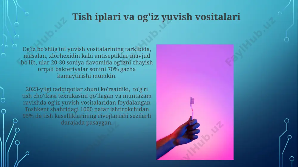 oyda tish emalining 1-2 mm qalinlashuvi kuzatilishi mumkin, bu esa tish shikastlanishining oldini olishga yordam beradi. tishlarni tozalash harakatlari 45 daraja burchak ostida amalga oshirilishi kerak, har bir tishni alohida, yuqoridan pastga va teskarisiga 2 daqiqa davomida tozalash tavsiya etiladi. ftorli tish pastalari o'zbekiston bozorida sotilayotgan ba'zi fluorli tish pastalari tarkibida xlorheksidin kabi qo'shimcha antiseptik moddalar ham mavjud bo'lib, bu og'iz bo'shlig'ini bakteriyalardan himoya qilishga yordam beradi va 2023 yilgi ma'lumotlarga ko'ra, iste'molchilar orasida mashhur. fluorli tish pastalarining tarkibida 1000 ppm dan 1500 ppm gacha bo'lgan miqdorda ftor mavjud bo'lib, bu tish emalining mustahkamlanishi va kariesning oldini olishda muhim ahamiyatga ega, ayniqsa, aqsh va evropa mamlakatlarida keng qo'llaniladi. og'iz gigienasi ahamiyati og'iz gigienasini saqlash, 35 yoshdan keyin periodontit xavfini 70% ga kamaytiradi, bu esa tishlarni yo'qotish xavfini sezilarli darajada pasaytiradi, xususan, samarqand kabi shaharlarda. og'iz bo'shlig'ining sog'lom holati, butun organizmning immunitet tizimini 2-3 barobar mustahkamlaydi, shu jumladan, toshkentdagi tadqiqotlarda aniqlanganidek, …
