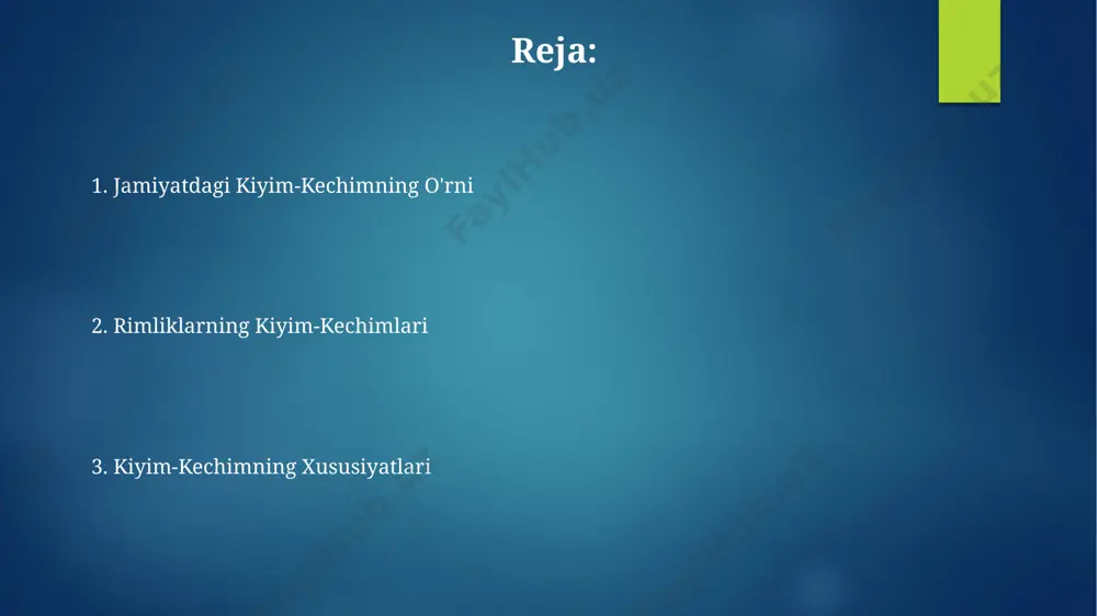 nika keng tarqalib, turli xil materiallar, masalan, jun va zig'irdan tayyorlanib, boy va kambag'al aholi orasida farqlarni aks ettirgan. kiyim va harbiy xizmat rim legionerlari, taxminan 100 000 kishidan iborat bo'lgan, standartlashtirilgan kiyim-kechak va qurollanishga ega bo'lib, bu esa ularning harbiy samaradorligini oshirgan. qo'shinlarning turli qismlari, masalan, avgust legionlari yoki yordamchi qo'shinlar, kiyim-kechaklarida aniq farqlarga ega bo'lib, bu ularning mansabini ko'rsatib bergan. poyafzal va oyoq kiyimlari рим давридаги пойафзалларнинг 20 дан ортиқ тури мавжуд бўлиб, уларнинг кўпчилиги тери, тўқима ва папирусдан рим империясининг турли ҳудудларида, масалан, помпей шаҳрида ишлаб чиқарилган. эллинистик давр пойафзалларидан фарқли ўлароқ, рим пойафзаллари, айниқса, юқори синф вакиллари учун, кўпроқ безакли ва ранг-баранг бўлган, олтин ва кумушдан ясалган безак элементлари 5-10%гача ташкил этган. kiyim va diniy marosimlar rim imperiyasining sharqiy viloyatlarida, taxminan milodiy 3-asrda, diniy marosimlarda ishlatilgan 7 turdagi to'qimachilik materiallardan tikilgan kiyimlar arxeologik qazishmalar natijasida topilgan. rim imperiyasi hududlarida, masalan, 1-asrda rimdagi vesta ma'budasiga bag'ishlangan ruhoniylar …