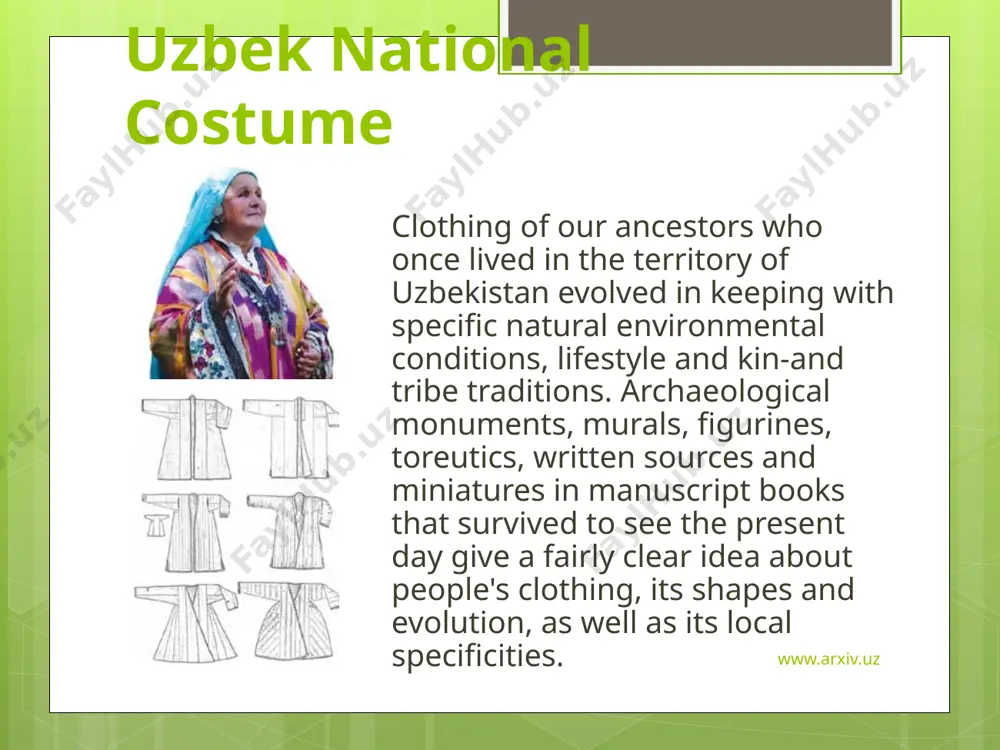 t upper gown without lining, etc. the famous scholar wrote not only about upper clothing of ancient turkic peoples, but also about underwear . www.arxiv.uz some miniatures dating back to the medieval period picture striped fabrics. according to academician galina pugachenkova who studied clothing in central asian miniature, striped fabrics are peculiar only to the peoples of central asia. judging by images pictured in miniatures, clothing of this kind was worn by people who were not very rich: they dressed in gowns, pants and turban (6, p. 110). wide prevalence of so coloured fabrics was, in turn, proved by archaeological studies carried out in turkmenistan spanning the period between 15th and 18th centuries. pugachenkova believes that gowns pictured in the 16th century miniatures have traditional cut. www.arxiv.uz image2.jpeg image3.jpeg image4.jpeg image5.jpeg image6.jpeg image7.jpeg image8.jpeg
