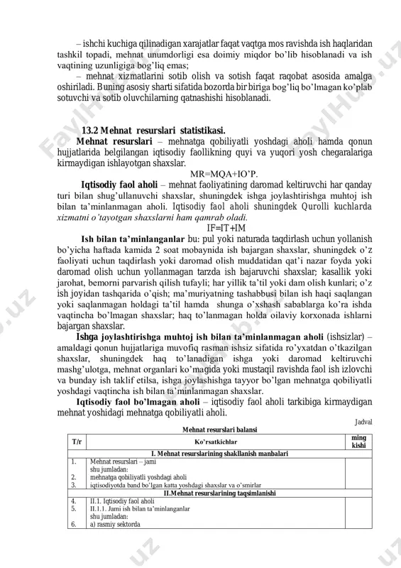 umdorligi esa doimiy miqdor bo’lib hisoblanadi va ish vaqtining uzunligiga bog’liq emas; – mehnat xizmatlarini sotib olish va sotish faqat raqobat asosida amalga oshiriladi. buning asosiy sharti sifatida bozorda bir biriga bog’liq bo’lmagan ko’plab sotuvchi va sotib oluvchilarning qatnashishi hisoblanadi. 13.2 mehnat resurslari statistikasi. mehnat resurslari – mehnatga qobiliyatli yoshdagi aholi hamda qonun hujjatlarida belgilangan iqtisodiy faollikning quyi va yuqori yosh chegaralariga kirmaydigan ishlayotgan shaxslar. mr=mqa+io’p. iqtisodiy faol aholi – mehnat faoliyatining daromad keltiruvchi har qanday turi bilan shug’ullanuvchi shaxslar, shuningdek ishga joylashtirishga muhtoj ish bilan ta’minlanmagan aholi. iqtisodiy faol aholi shuningdek qurolli kuchlarda xizmatni o’tayotgan shaxslarni ham qamrab oladi. if=it+im ish bilan ta’minlanganlar bu: pul yoki naturada taqdirlash uchun yollanish bo’yicha haftada kamida 2 soat mobaynida ish bajargan shaxslar, shuningdek o’z faoliyati uchun taqdirlash yoki daromad olish muddatidan qat’i nazar foyda yoki daromad olish uchun yollanmagan tarzda ish bajaruvchi shaxslar; kasallik yoki jarohat, bemorni parvarish qilish tufayli; har yillik …