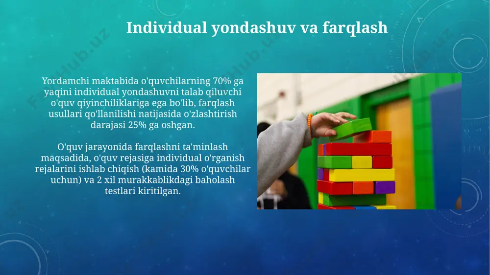 a kamida 5 ta yangi dasturni sinovdan o'tkazamiz. ota-onalar bilan har oyda kamida 2 marta uchrashuvlar o'tkazib, bolalarning muammolarini hal qilishda qo'llaniladigan strategiya va texnikalar bo'yicha treninglar o'tkazamiz. oddiy muammolarni echishga oid strategiya va usullar oddiy muammolarni echishda 5w1h (kim, nima, qachon, qayerda, nima uchun va qanday) texnikasini qo‘llash, muammoning tarkibiy qismlarini aniqlash va sistematik yondashuvni ta’minlashga yordam beradi. muammoni echish jarayonida kamida 3 ta turli yechimni taklif qilish va ularning har birini afzalliklari va kamchiliklari nuqtai nazaridan baholash, eng maqbul variantni tanlash imkonini beradi. muvaffaqiyatsizlikdan saboq olish va yangidan boshlash o‘quvchilarning 70% muvaffaqiyatsizlikdan keyin o‘zlarini salbiy baholashlarini oldini olish uchun ijobiy fikrlash va o‘z-o‘zini rag‘batlantirish texnikalarini o‘rgatish zarur. muvaffaqiyatsizlikdan keyin 3 ta strategiyani qo‘llash – tahlil qilish, yangi yondashuvlarni izlash va 5 ta kichik maqsadga bo‘lish – muammoni hal qilish ko‘nikmalarini rivojlantirishda muhimdir. yordamchi internat maktabida muammo yechish bo'yicha dastur yordamchi internat maktabida 5-11 sinf o'quvchilari uchun muammo yechish …