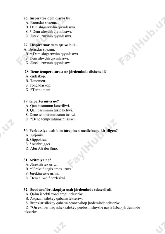 rı keselliklerine alıp keliwshi faktorlar a. issılap ketiw; b. *tońıw; s. stressler; d. nadurıs awqatlanıw. 64. qanday plevrit túrlerin bilesiz a. iġal, ekssudativ, irińli b. *qurǵaq, eksudativ, irińli c. qurǵaq, qaqırıqlı, irińli d. íġal, qaqırıqlı, irińli 65. bronxit bul... a. traxeyanıń isiniwi; b. *bronxlardıń isiniwi; s. ókpe toqımasınıń isiniwi; d. plevra perdesiniń isiniwi. 66. bitsillin - profilaktikası ótkeriledi: a. *revmatizmde; b. júrek ishemik keselliginde; s.gipertoniya keselliginde; d. miokard distrofiyasında. 67. stenokardiya sebebin anıqlań. a. revmatizm; b. *taj tamırlar aterosklerozi; s. miokard distrofiyası; d. júrek jetispewshiligi. 68. júrek isikleri payda boladı : a. *keshqurun ayaqlarda; b. keshqurun qabaqlarda; s. azanda qabaqlarda; d. azanda ayaqlarda. 69. as sińiriw sisteması aǵzalarında asqazannan keyin qaysı aǵza baslanadı? a. *12 barmaqlı ishek; b. juwan ishek; s. kómekey; d. óńesh 70. ótkir gastrit qanday kesellik? a. awız bosliǵınıń isiniwi; b. juwan ishektiń isiniwi; s. *asqazan silekey qabatınıń isiniwi; d. ókpe toqımasınıń isiniwi. 71. meteorizm bul…. a. …